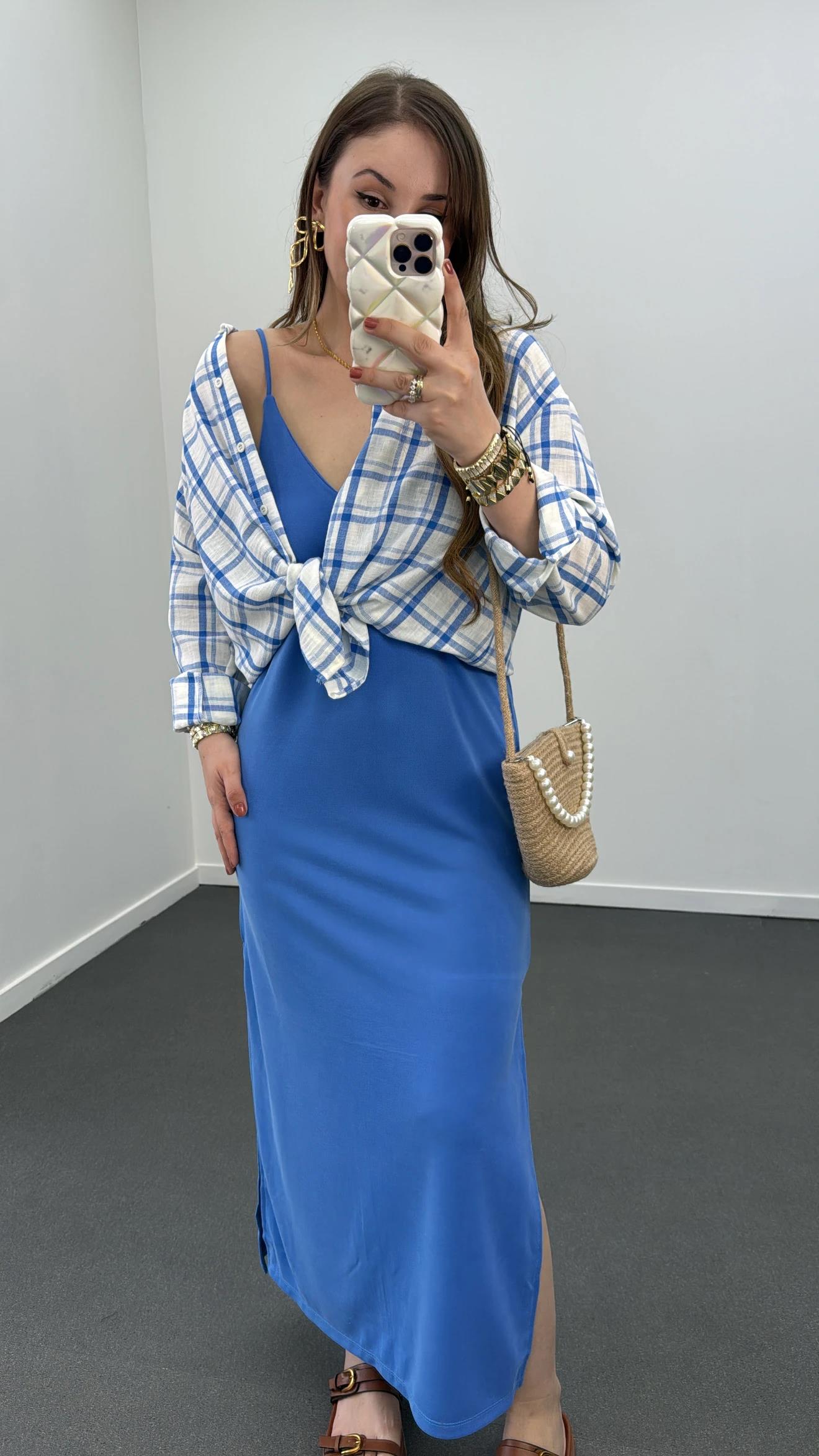 Armin Mavi Ekoseli Keten Gömlek