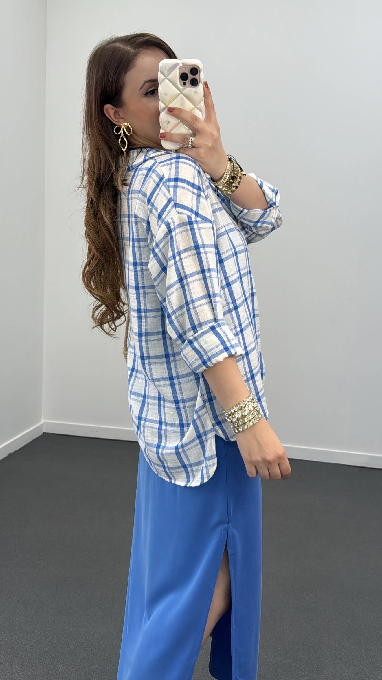 Armin Mavi Ekoseli Keten Gömlek