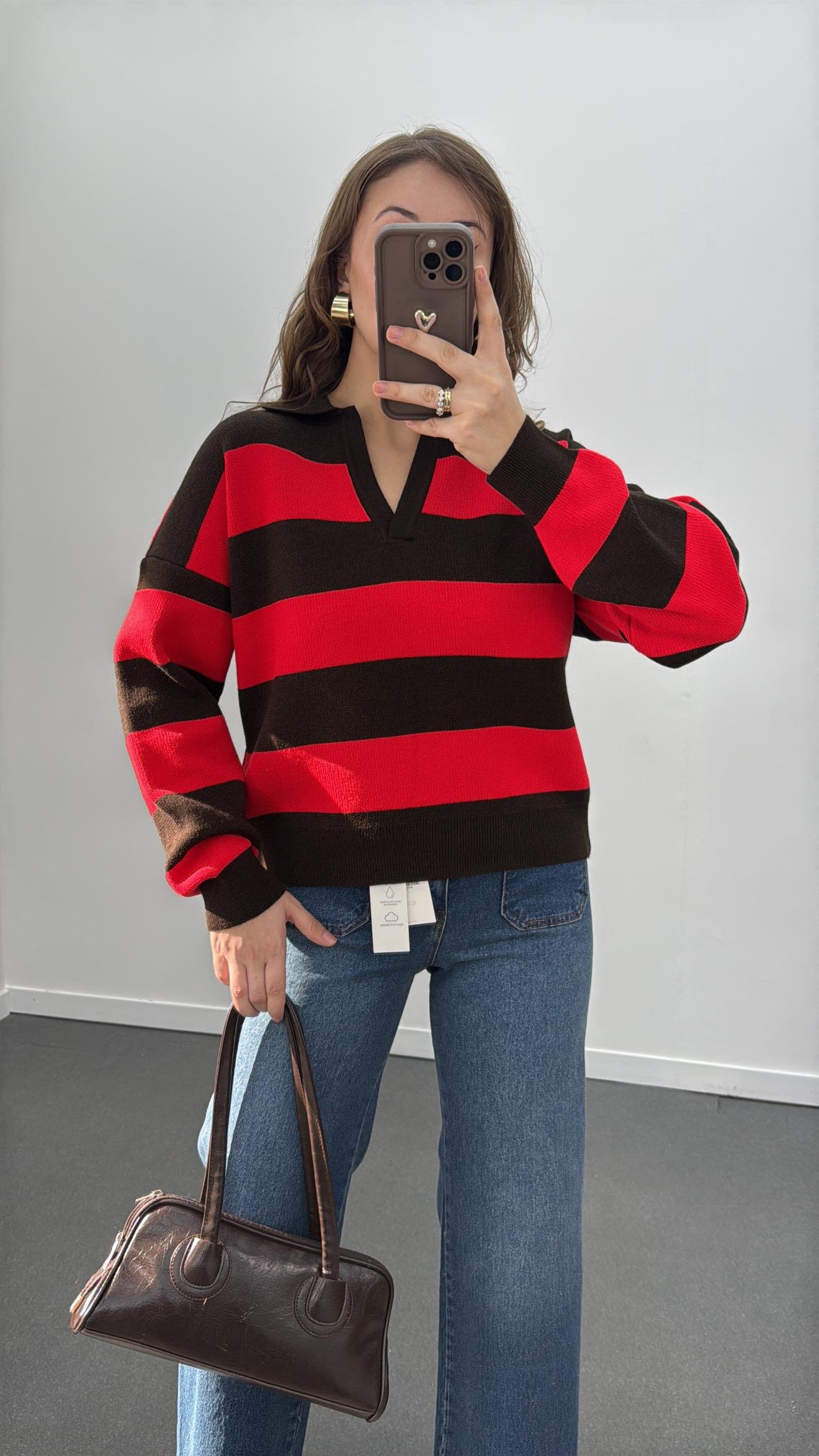 Armonia Kırmızı Kahve Çizgili Triko