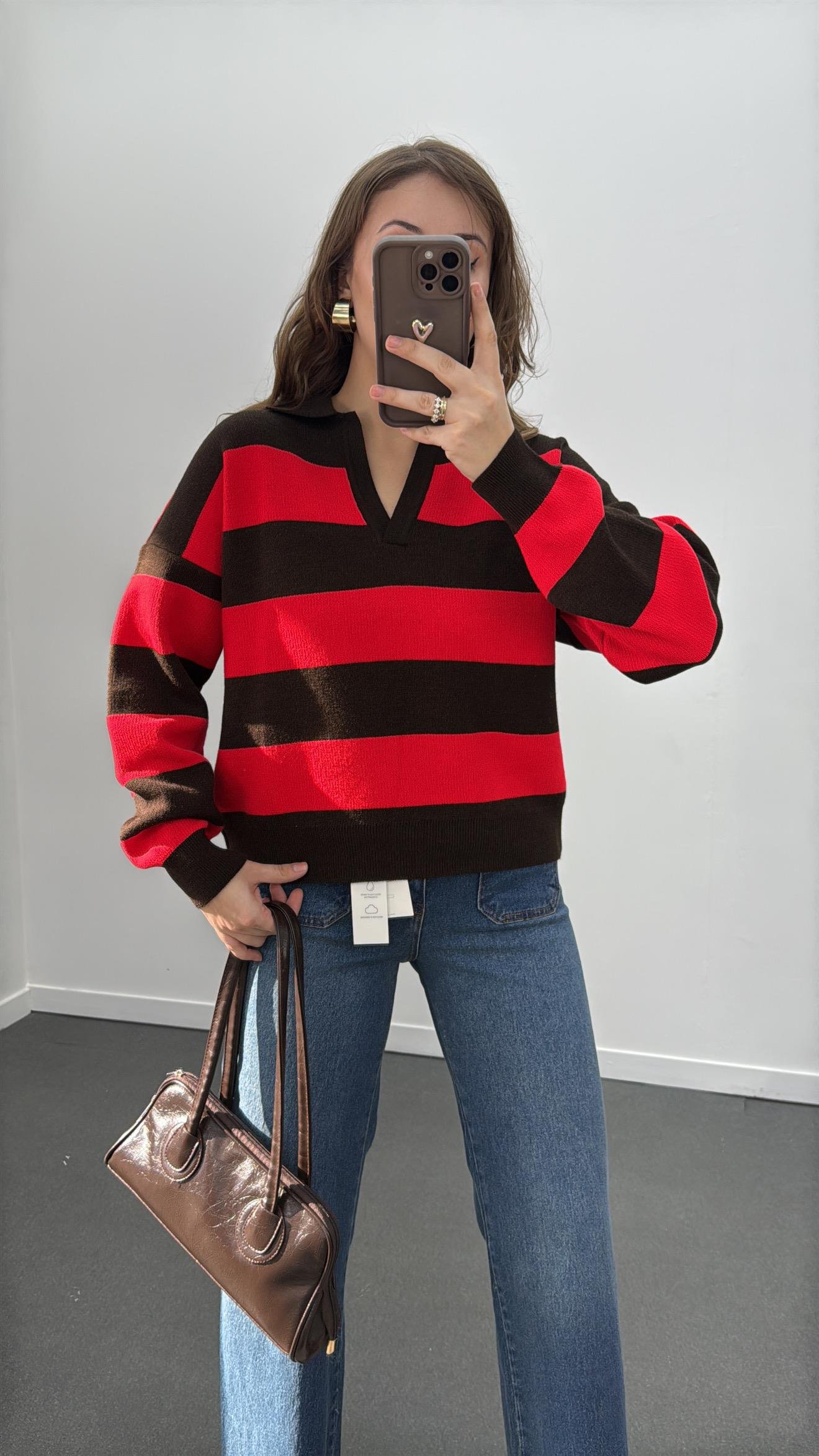 Armonia Kırmızı Kahve Çizgili Triko