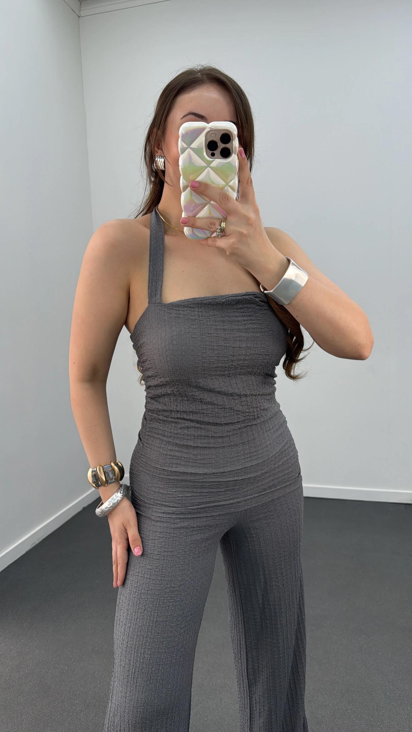 Arya Gri Bandeau Bluz Ve Pantolon Takımı