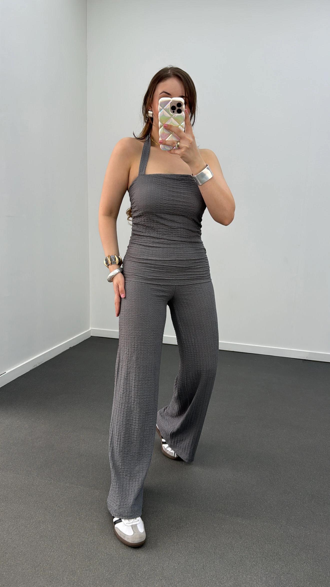 Arya Gri Bandeau Bluz Ve Pantolon Takımı