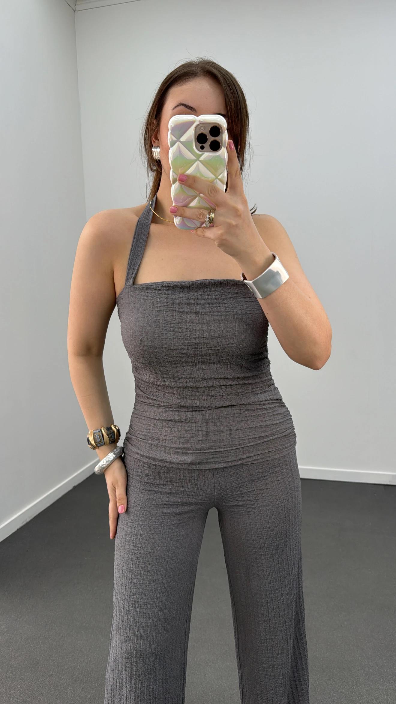 Arya Gri Bandeau Bluz Ve Pantolon Takımı