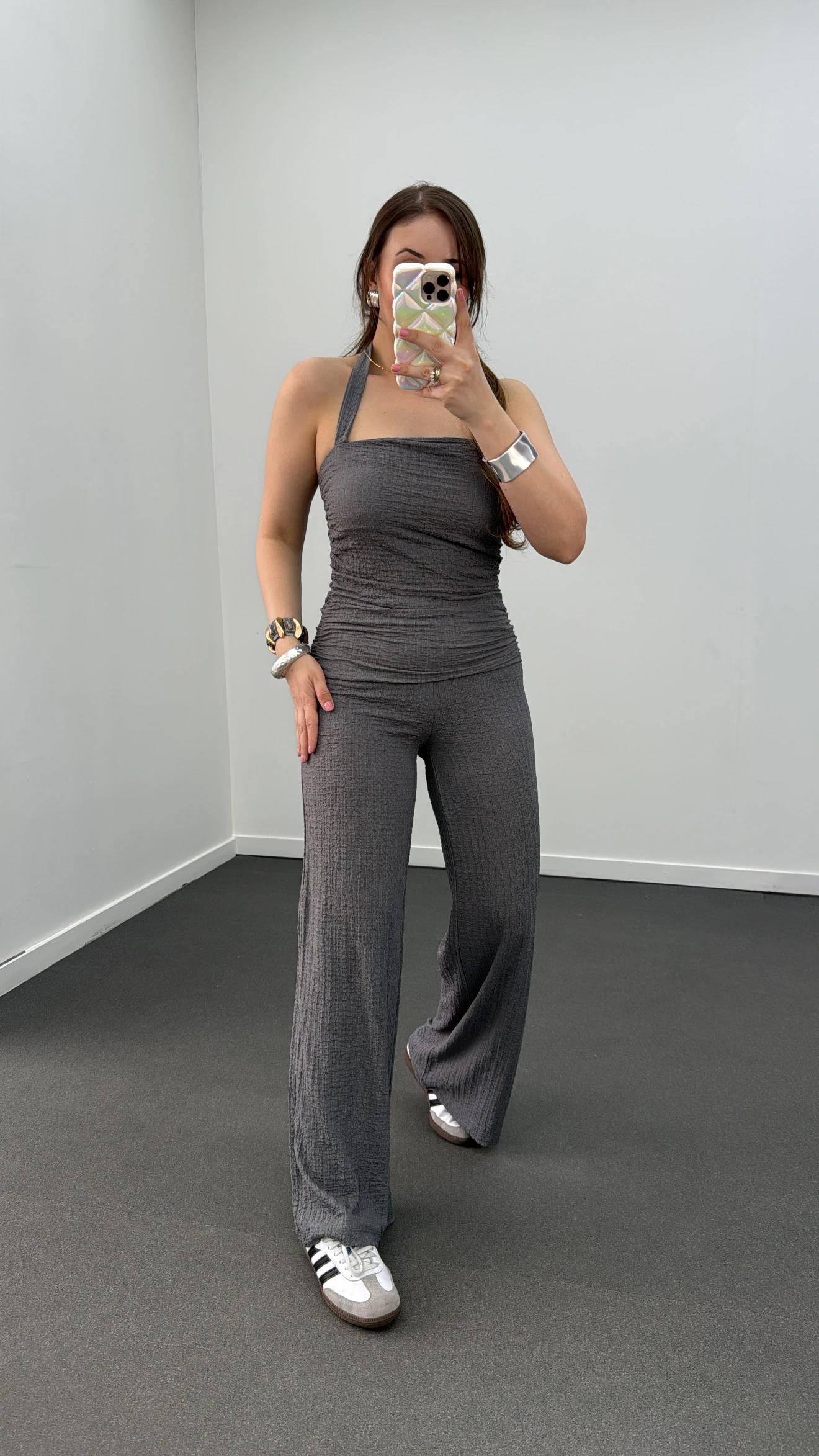 Arya Gri Bandeau Bluz Ve Pantolon Takımı