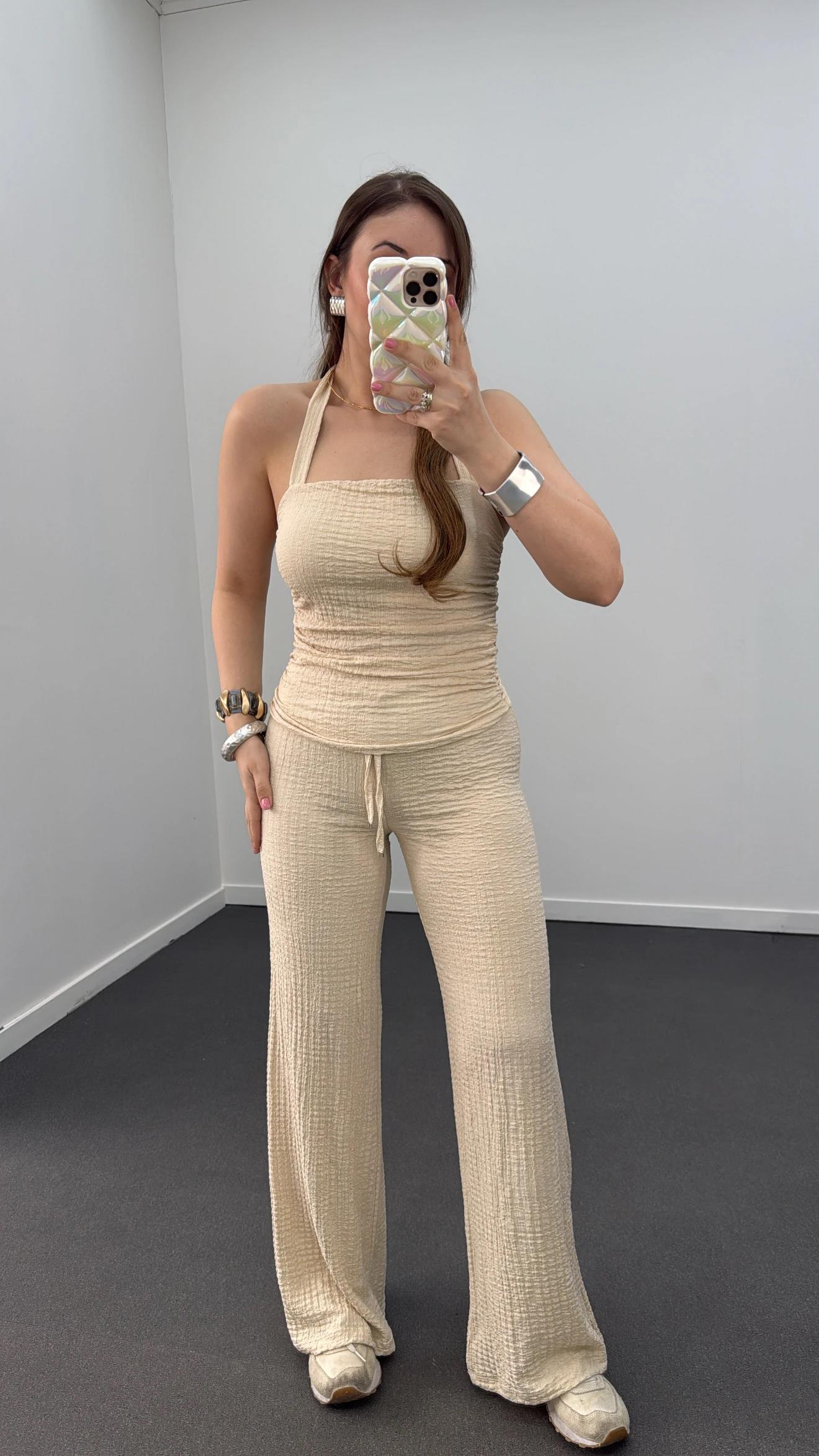 Arya Krem Bandeau Bluz Ve Pantolon Takımı