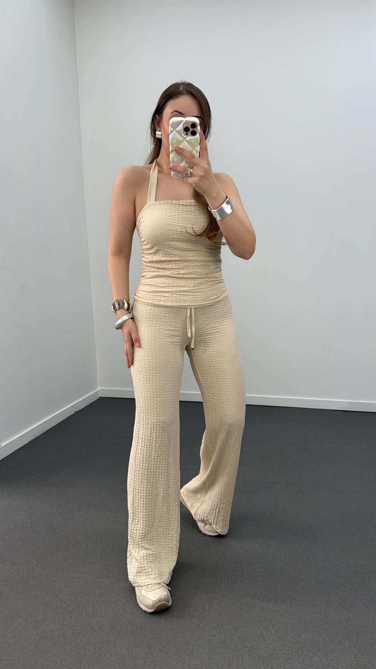 Arya Krem Bandeau Bluz Ve Pantolon Takımı