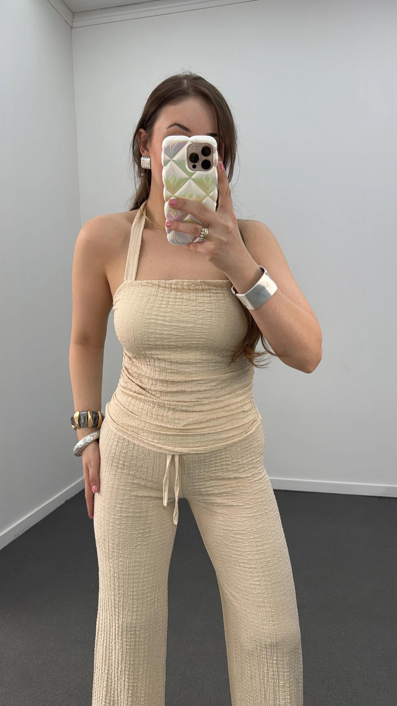 Arya Krem Bandeau Bluz Ve Pantolon Takımı