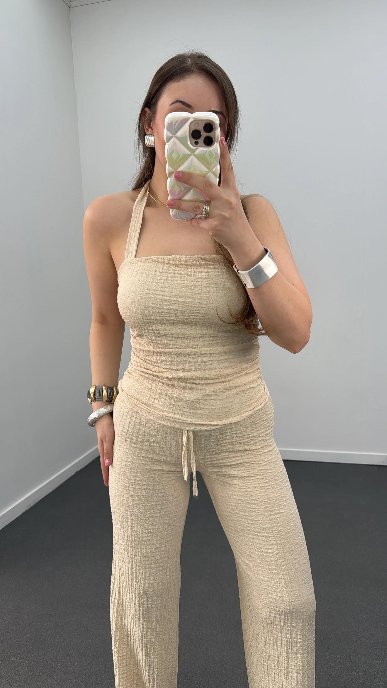 Arya Krem Bandeau Bluz Ve Pantolon Takımı