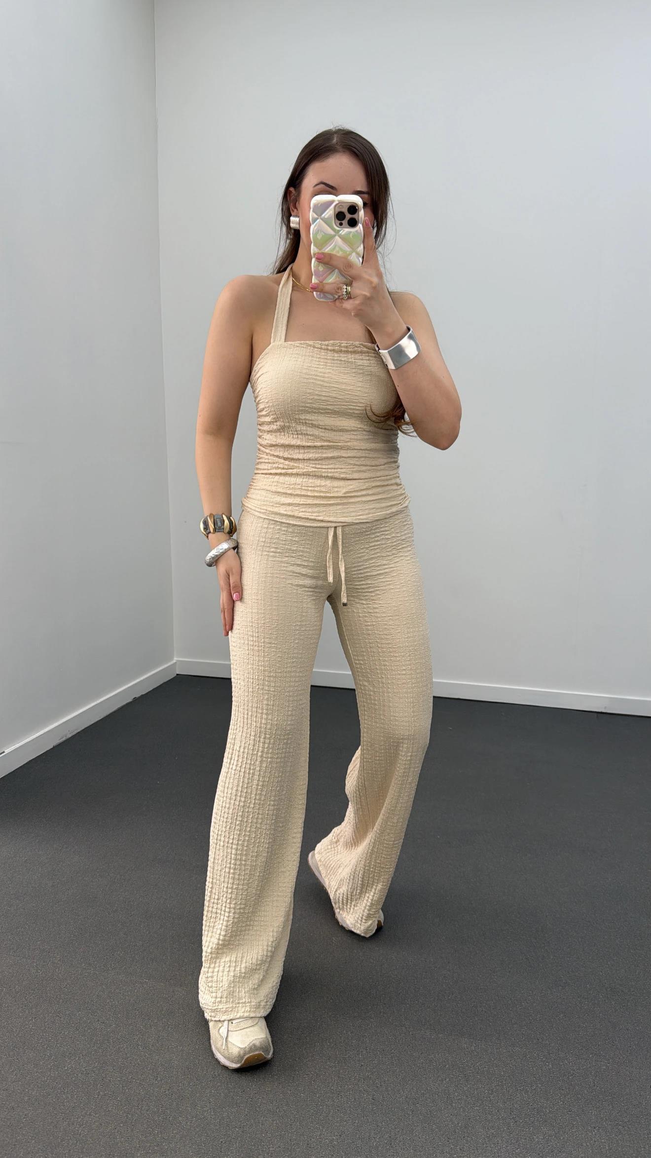 Arya Krem Bandeau Bluz Ve Pantolon Takımı