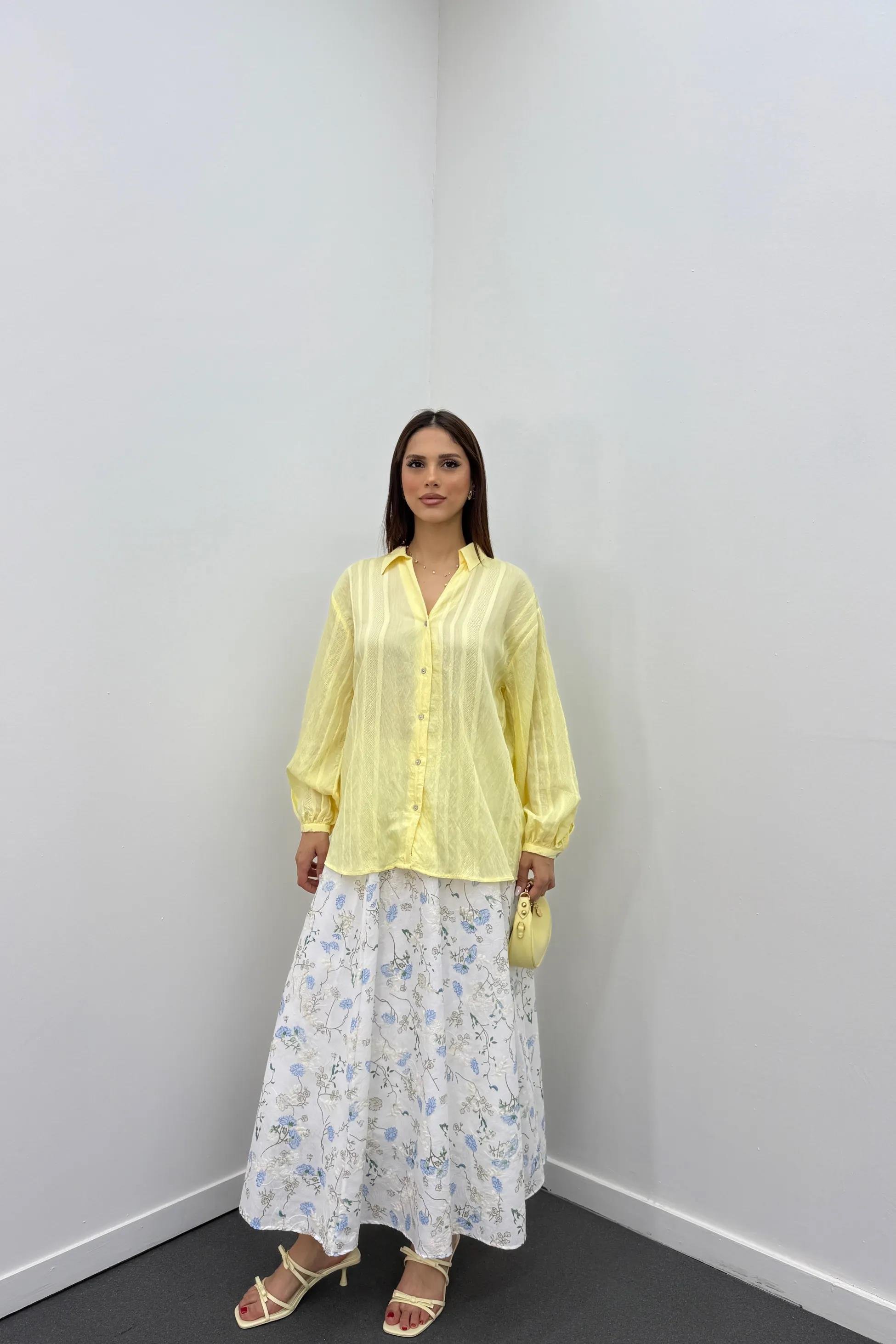 Asina Mavi Çiçek Desenli Midi Etek