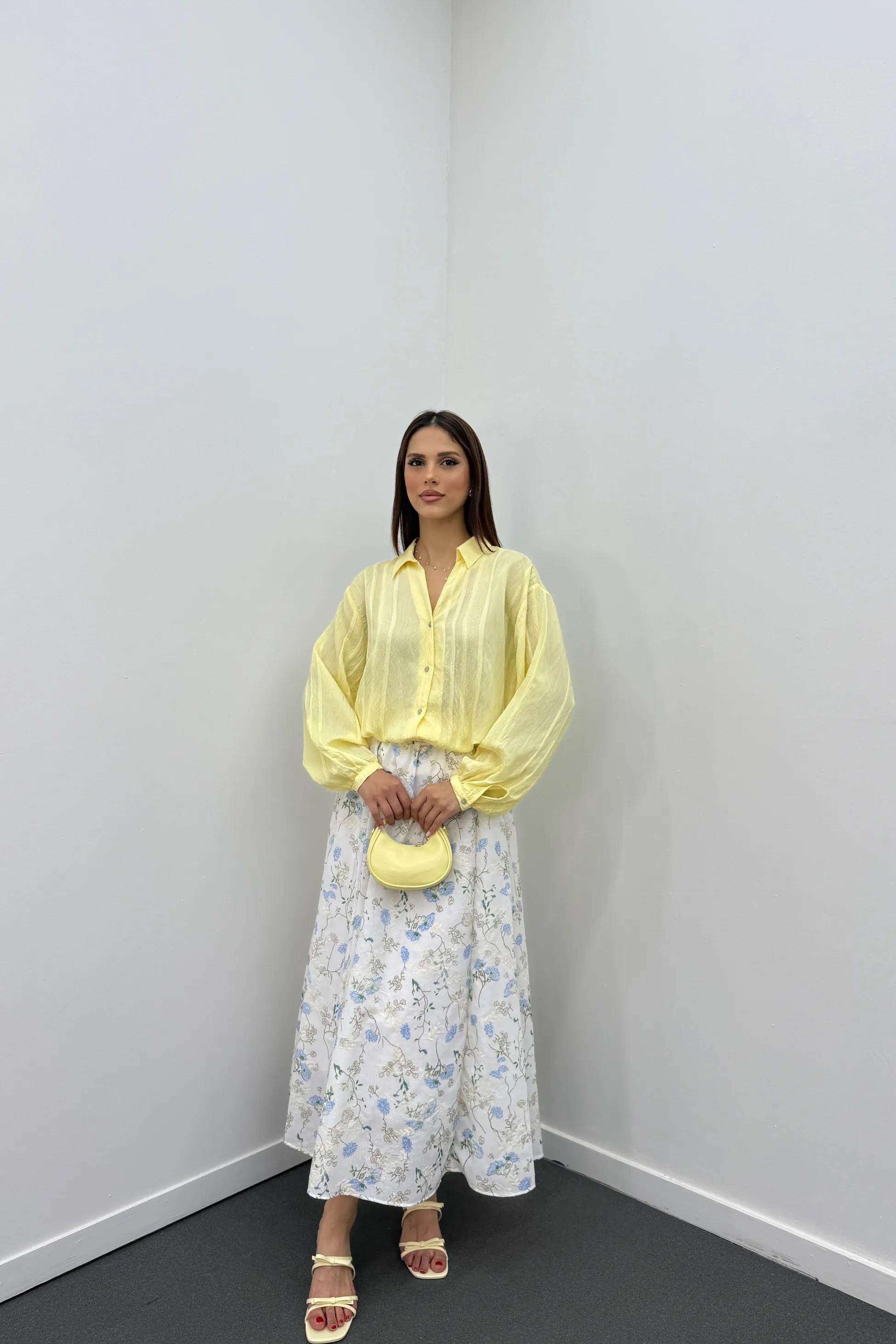 Asina Mavi Çiçek Desenli Midi Etek