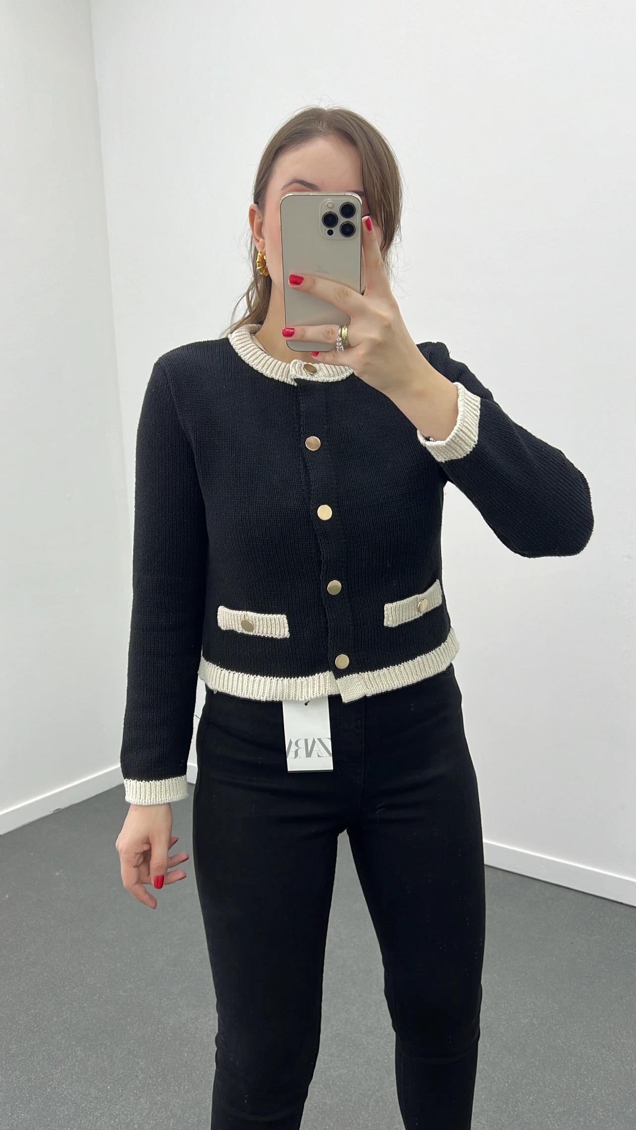 Asos Siyah Ekru Biyeli Gold Düğmeli Hırka