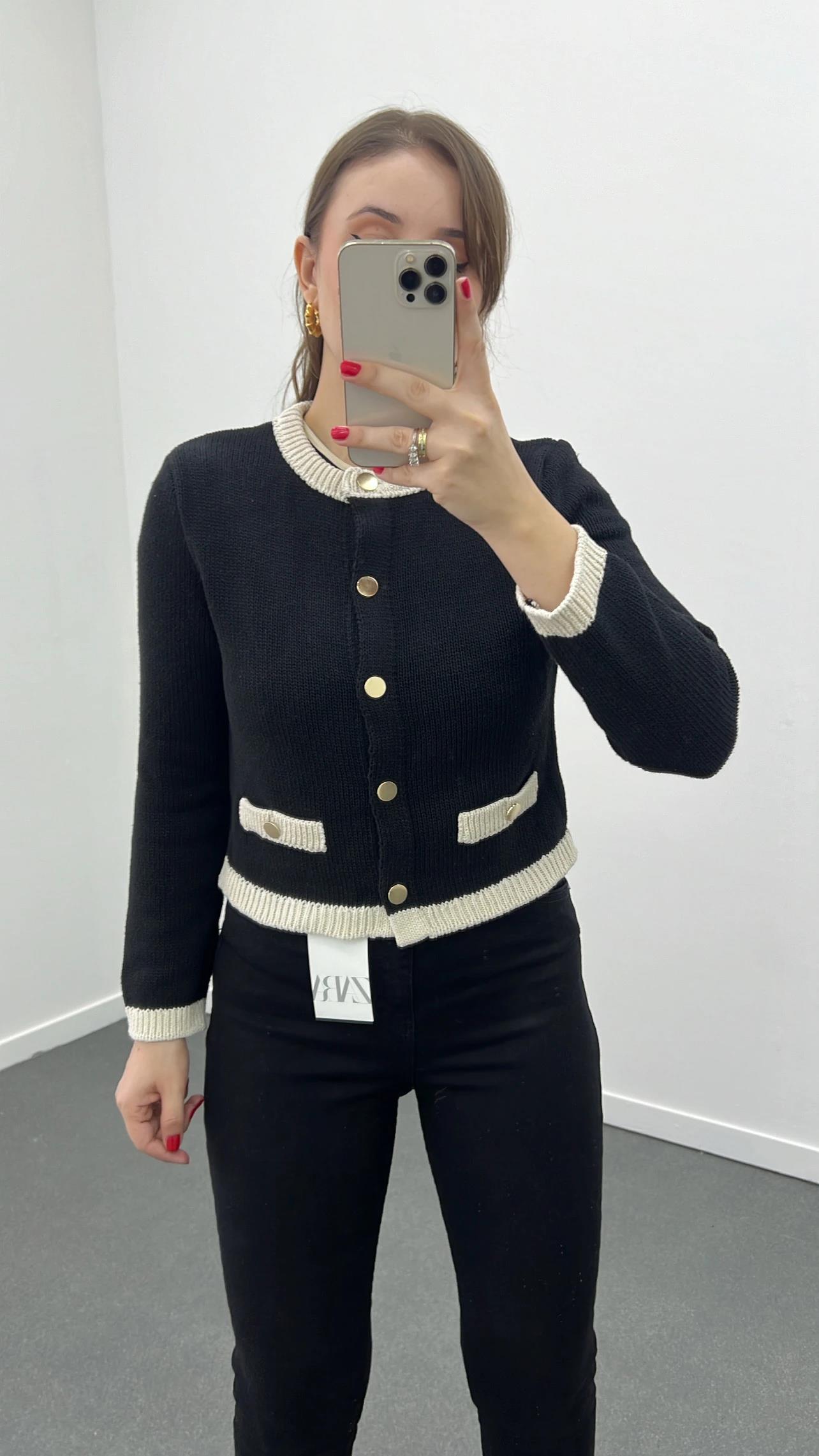 Asos Siyah Ekru Biyeli Gold Düğmeli Hırka