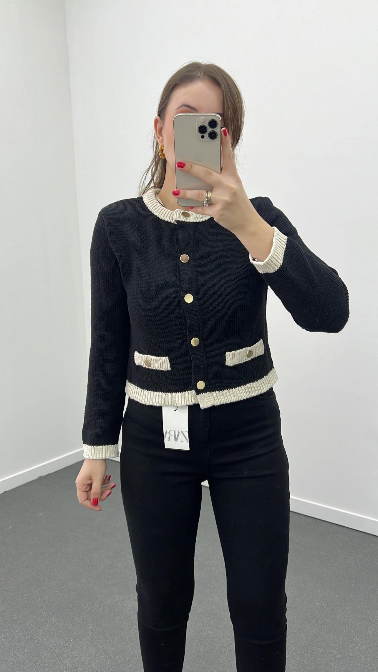 Asos Siyah Ekru Biyeli Gold Düğmeli Hırka