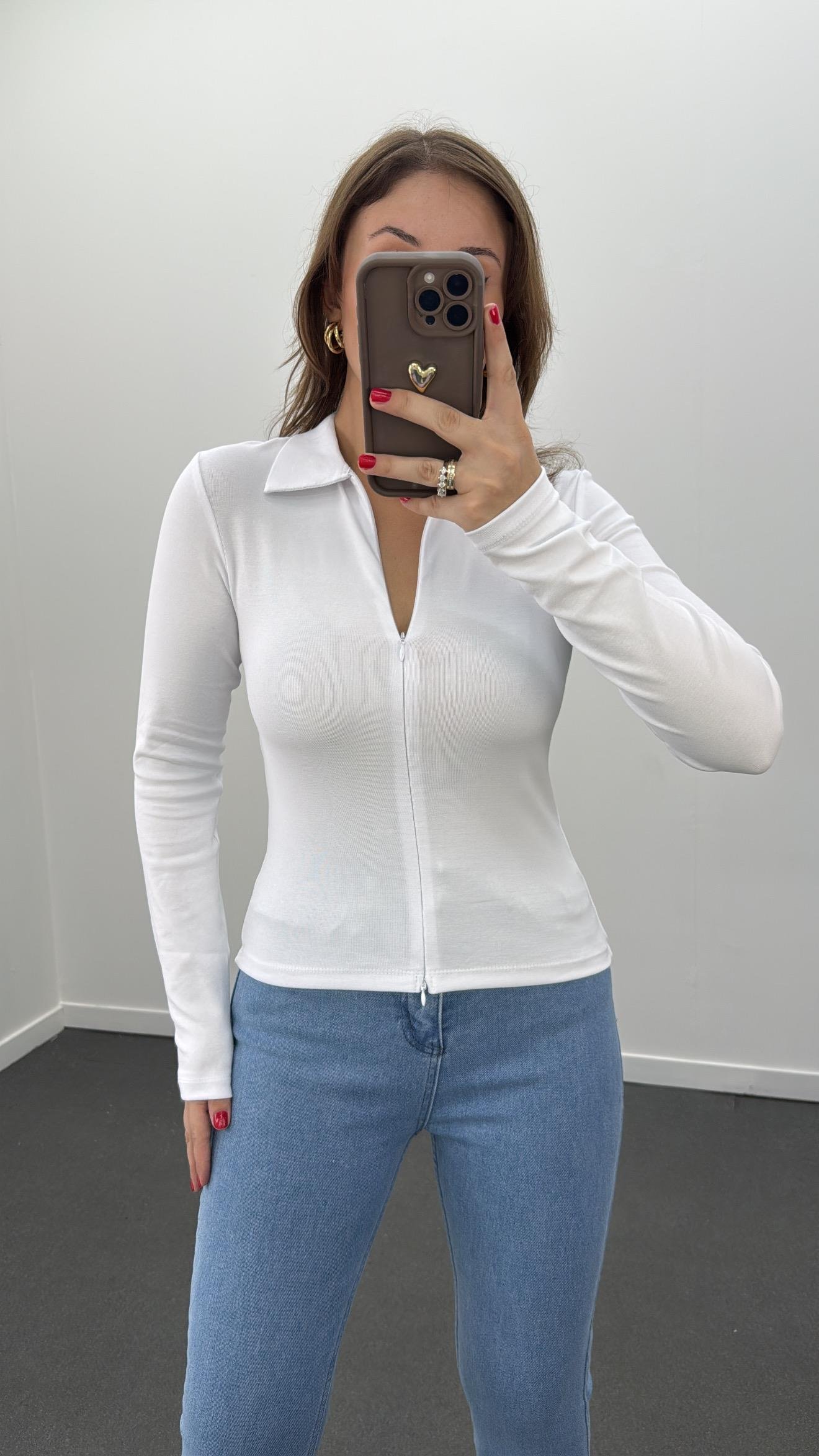 Asperry beyaz Gizli çift fermuarlı slim bluz