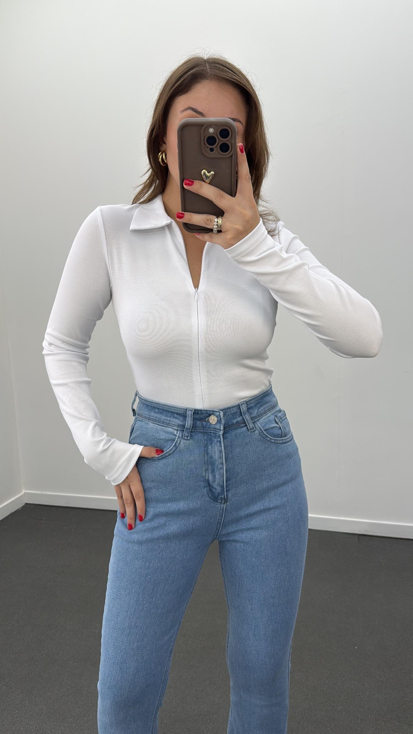 Asperry beyaz Gizli çift fermuarlı slim bluz