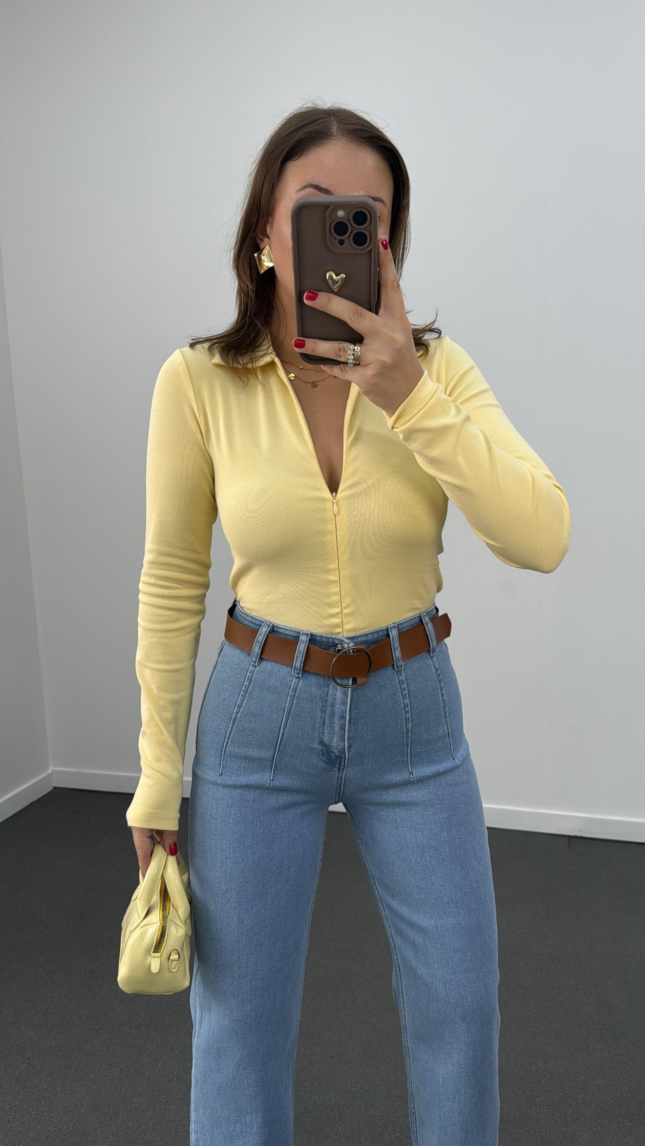 Asperry Limon Sarısı Gizli çift fermuarlı slim bluz