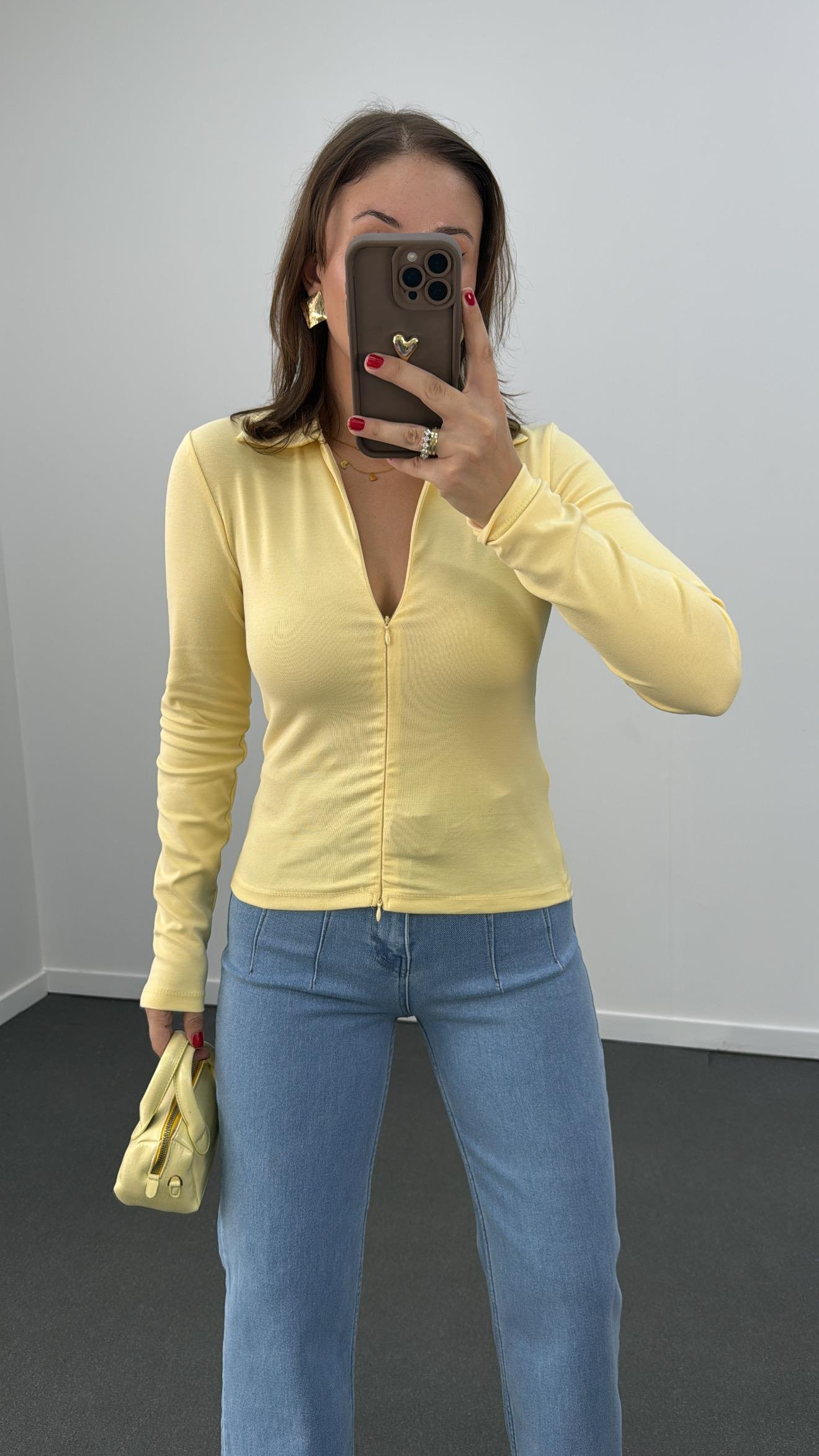 Asperry Limon Sarısı Gizli çift fermuarlı slim bluz