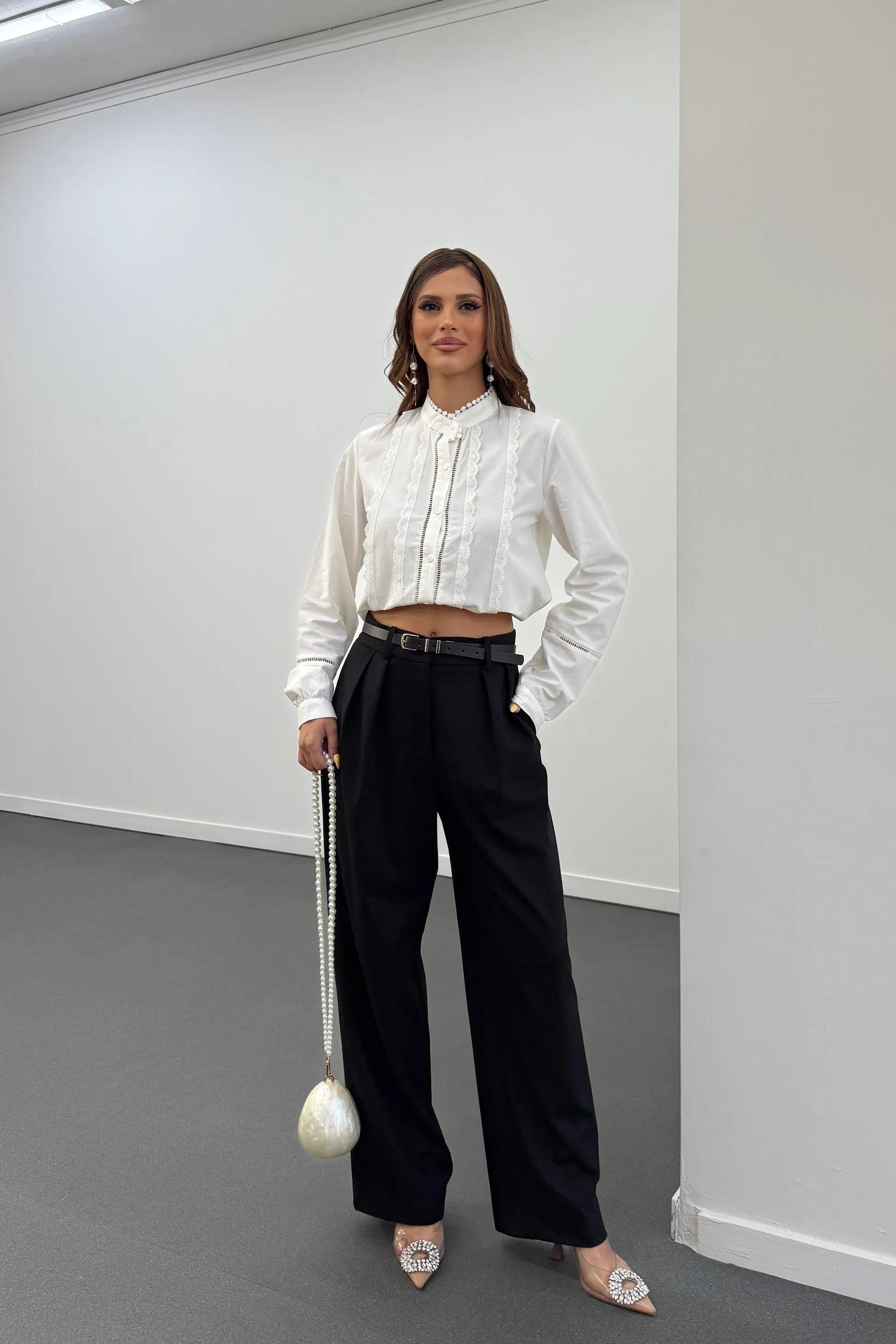 Asra Siyah Pileli Kumaş Pantolon