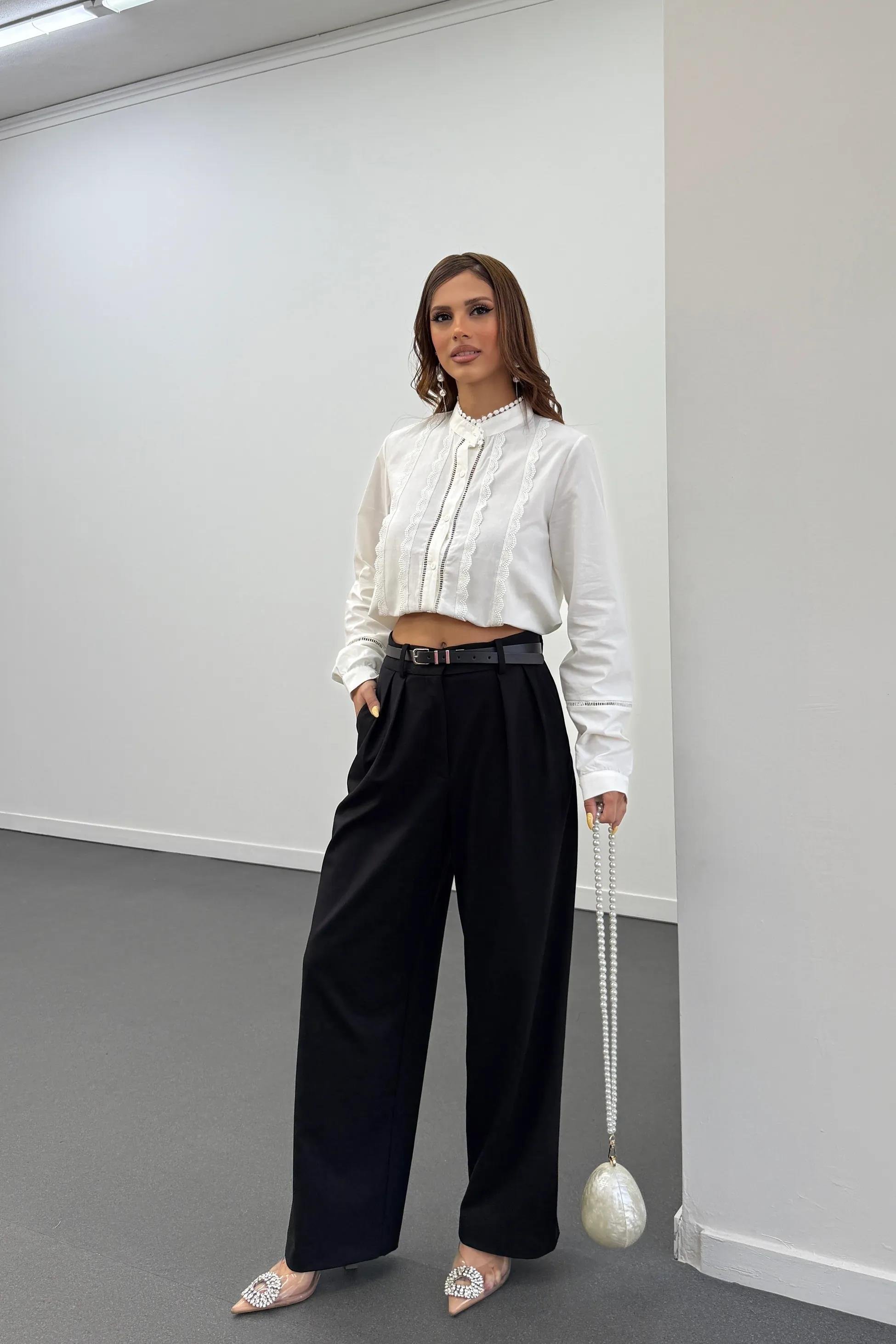 Asra Siyah Pileli Kumaş Pantolon