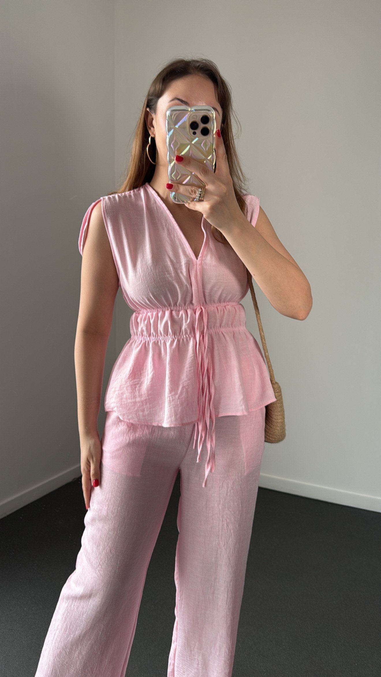 Asu Pembe Keten Karışımlı Bağlamalı Bluz Ve Pantolon Takım