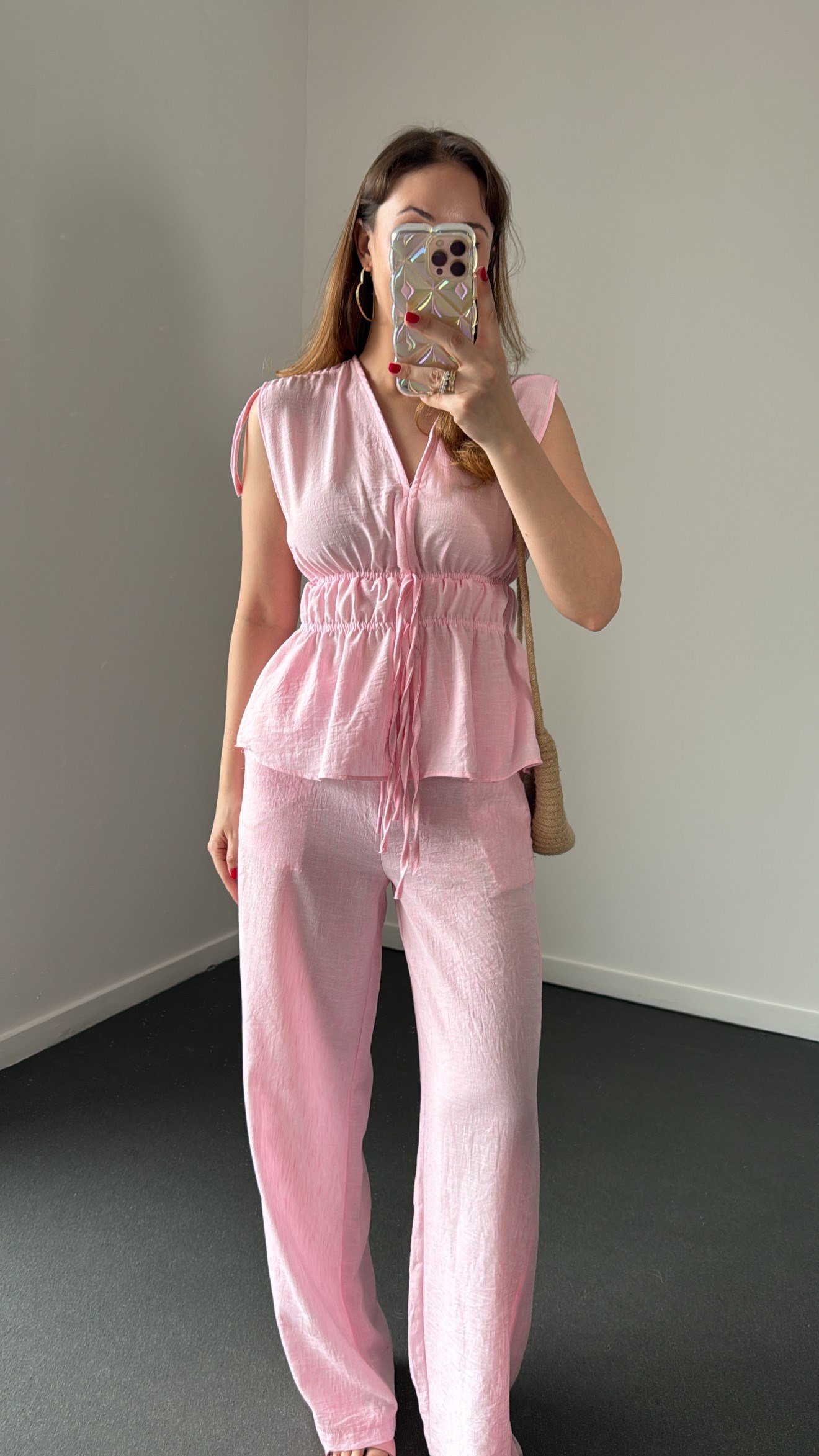 Asu Pembe Keten Karışımlı Bağlamalı Bluz Ve Pantolon Takım