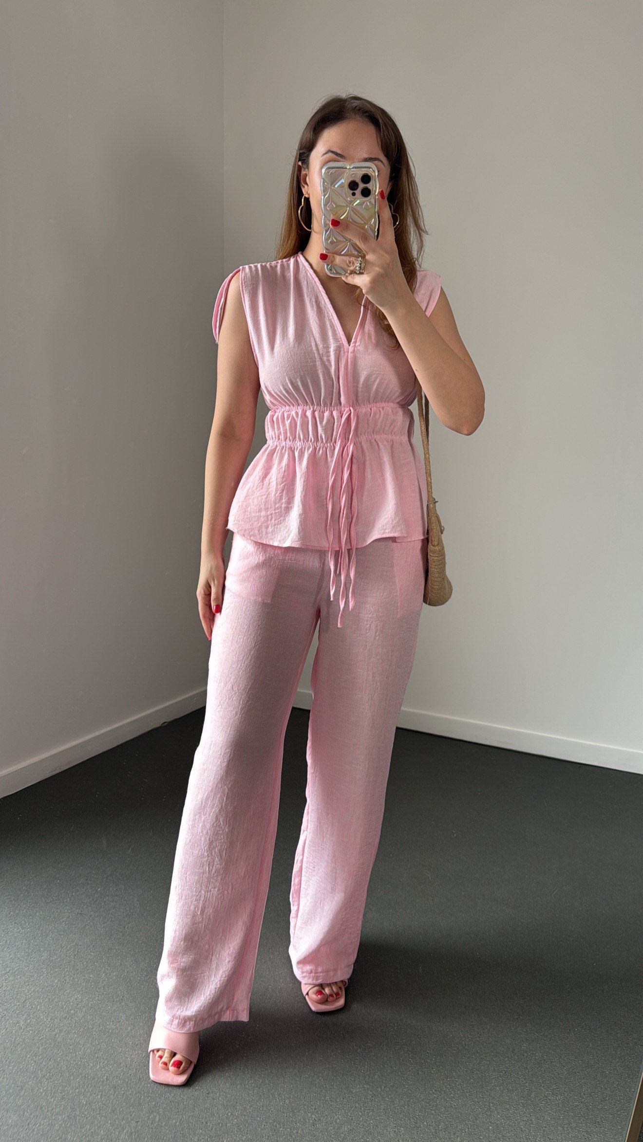 Asu Pembe Keten Karışımlı Bağlamalı Bluz Ve Pantolon Takım
