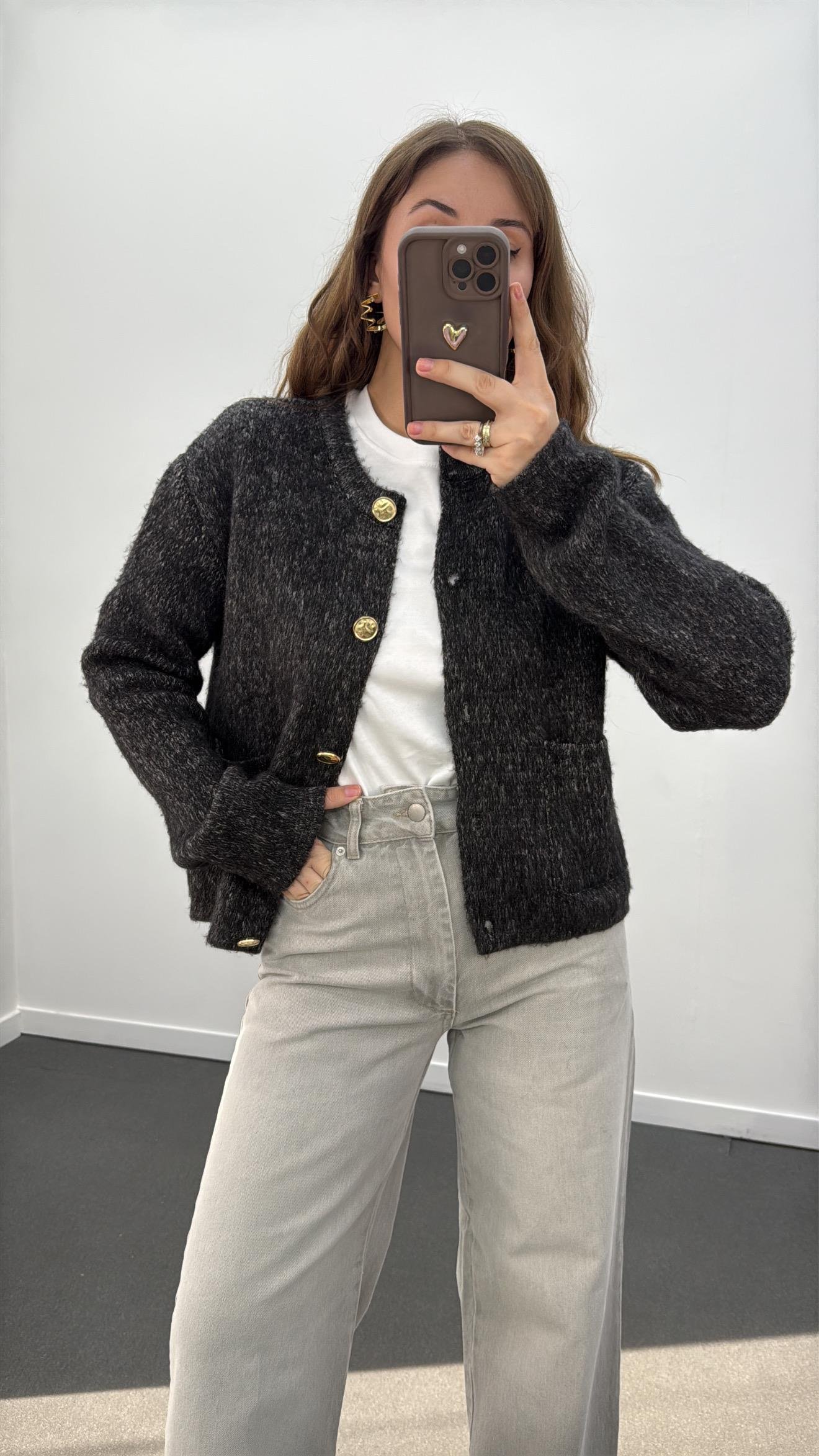 Atina Gold Düğmeli Siyah Melanj Hırka 