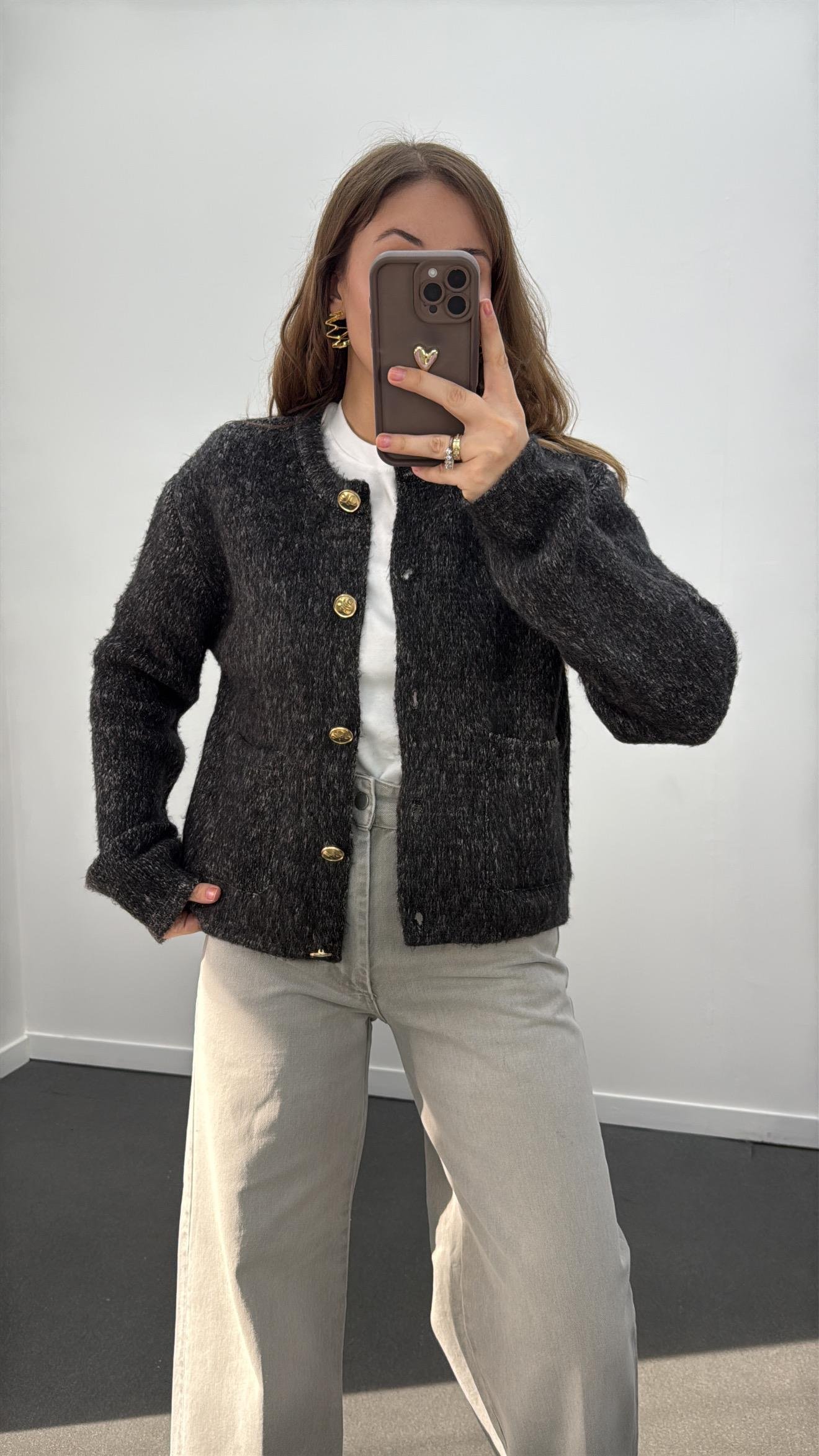 Atina Gold Düğmeli Siyah Melanj Hırka 