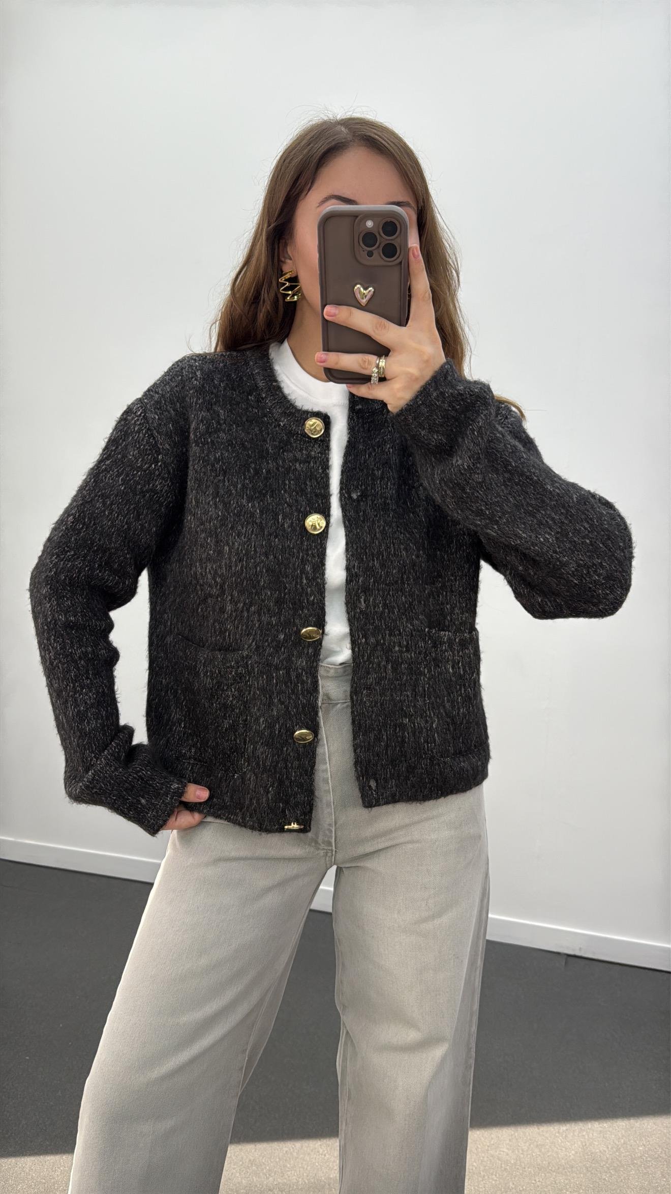 Atina Gold Düğmeli Siyah Melanj Hırka 