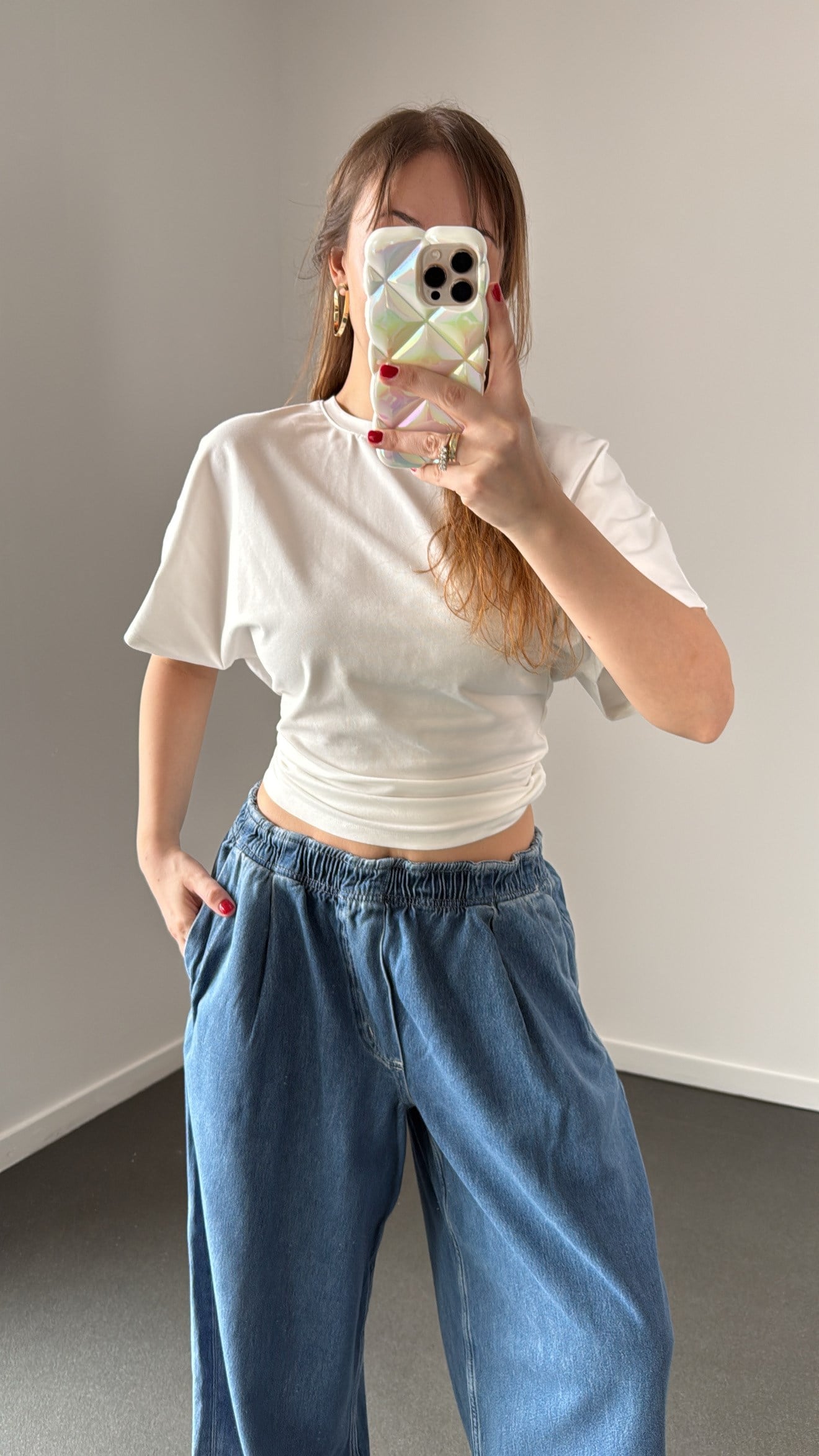 Audrey Beyaz Modal Beli Drapeli  Tshirt