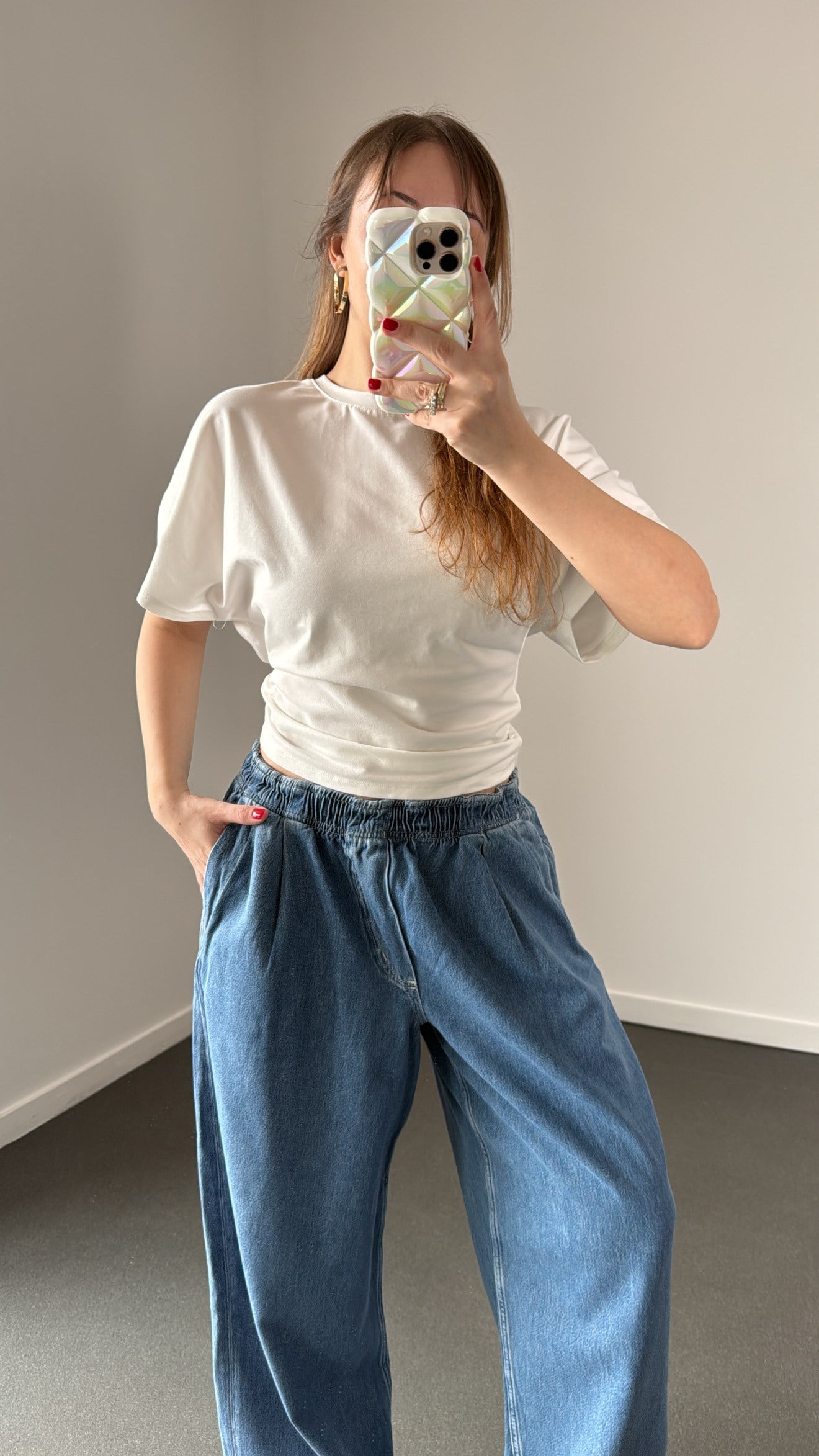 Audrey Beyaz Modal Beli Drapeli  Tshirt