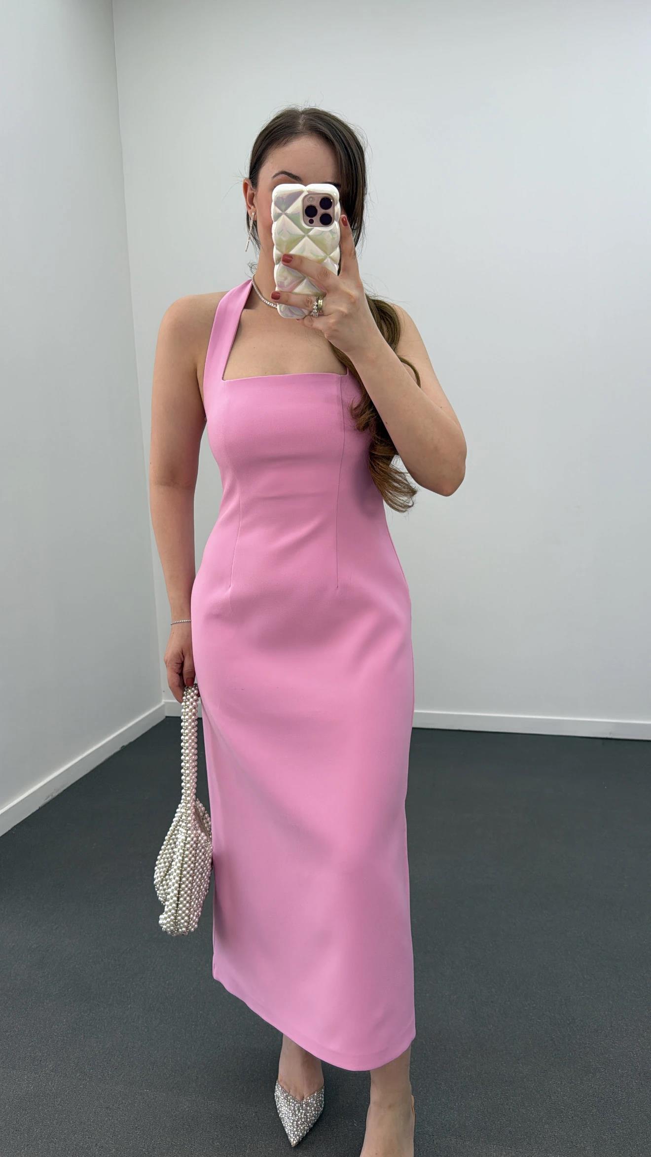 Aurora Pembe Kare Yaka Midi Kalem Elbise