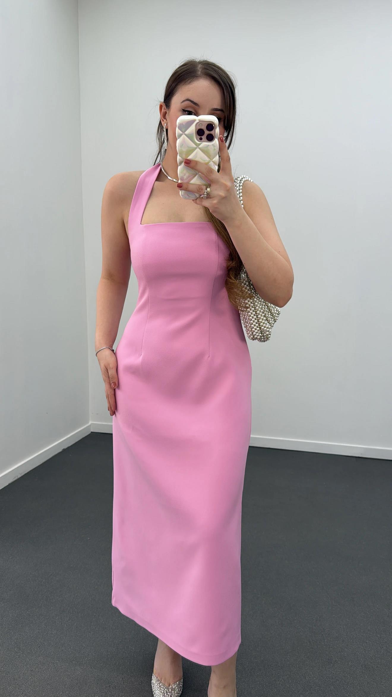 Aurora Pembe Kare Yaka Midi Kalem Elbise