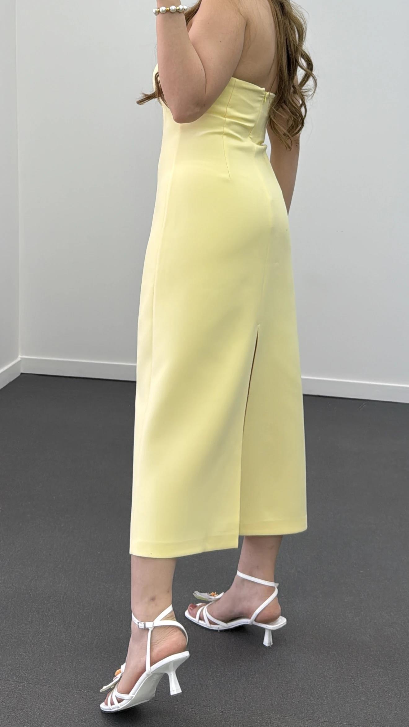 Aurora Sarı Kare Yaka Midi Elbise