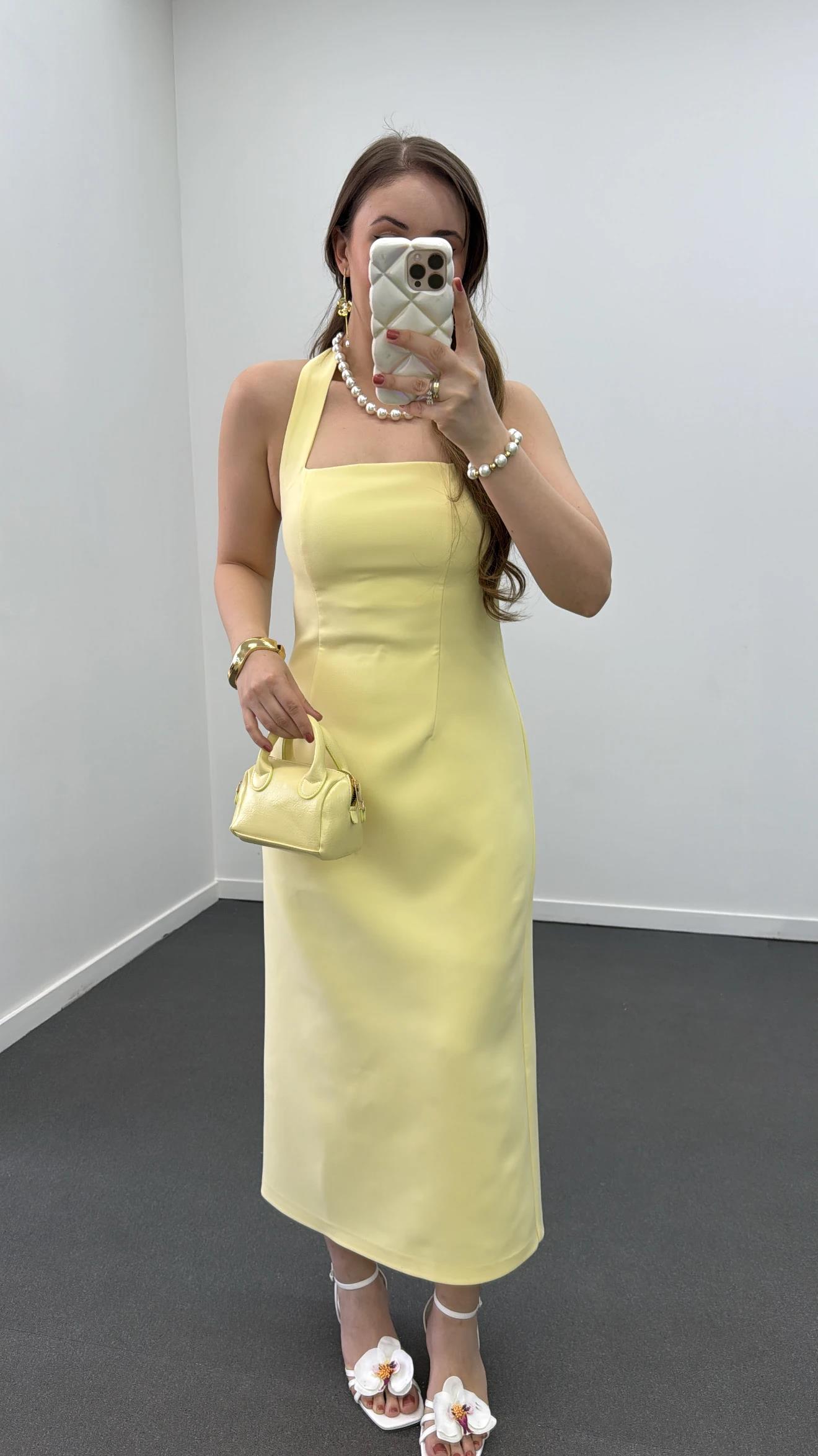 Aurora Sarı Kare Yaka Midi Elbise