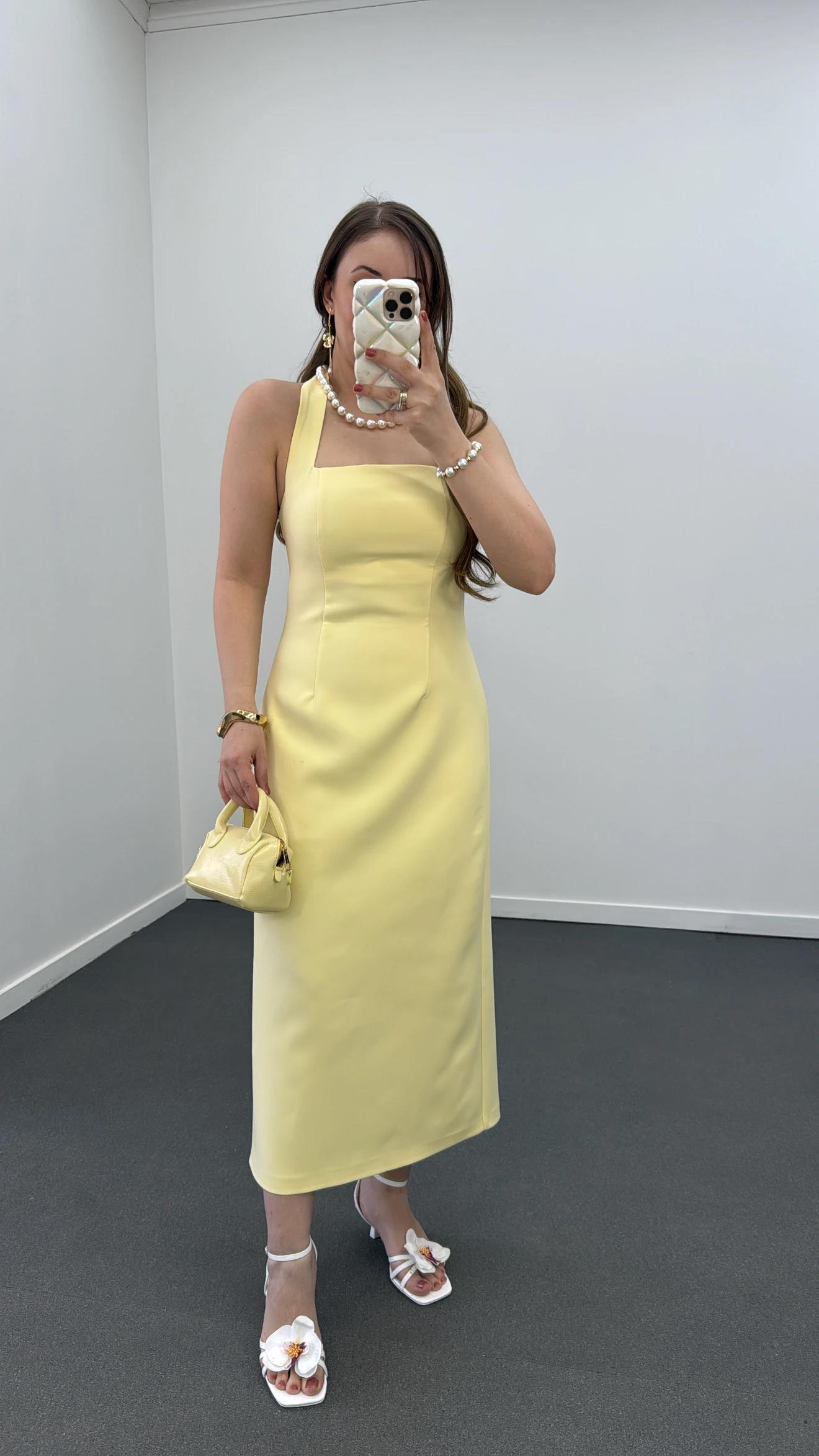 Aurora Sarı Kare Yaka Midi Elbise