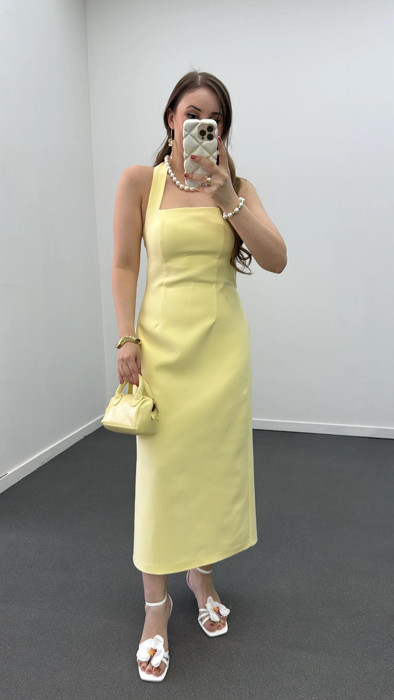 Aurora Sarı Kare Yaka Midi Elbise