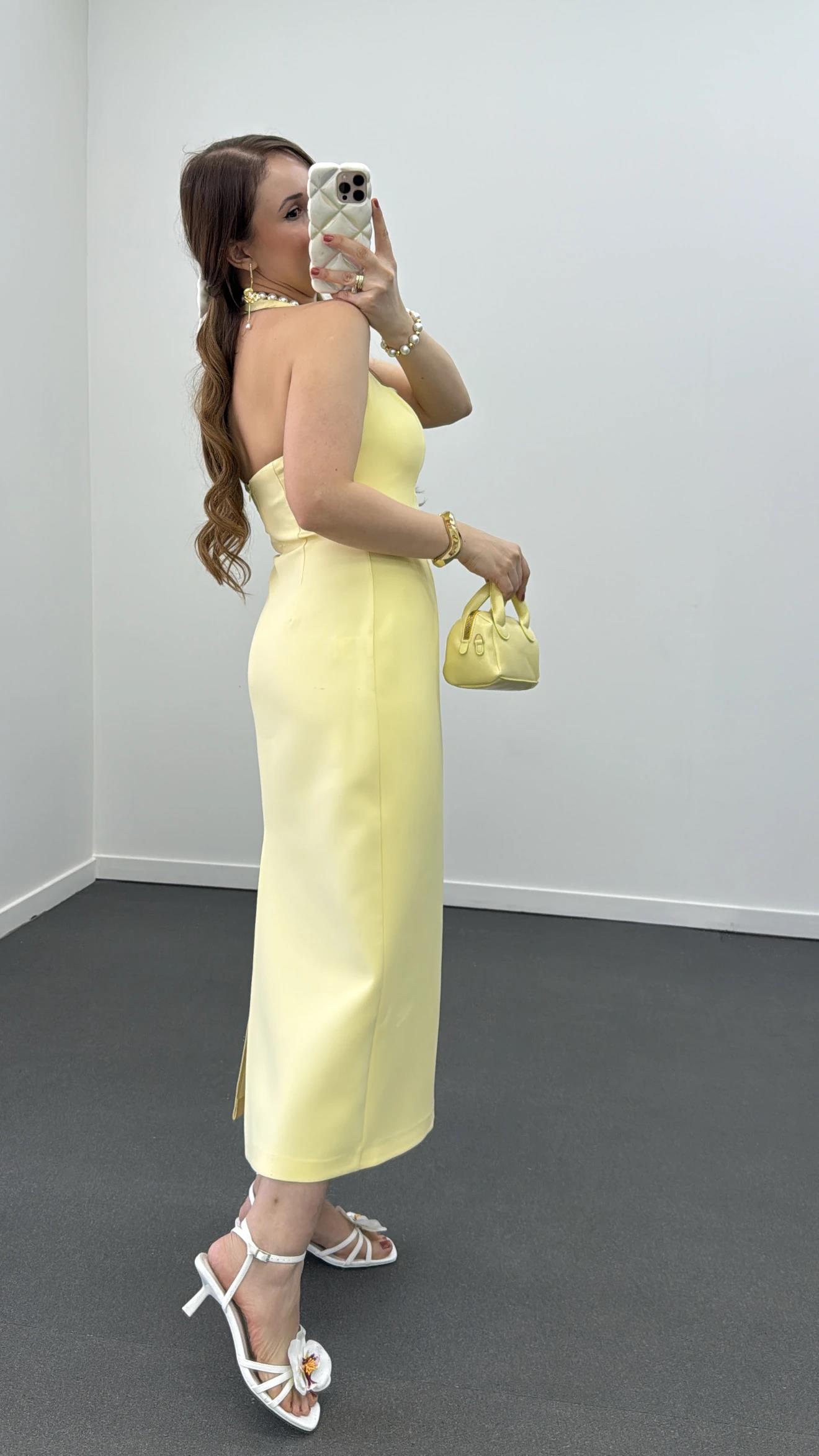 Aurora Sarı Kare Yaka Midi Elbise