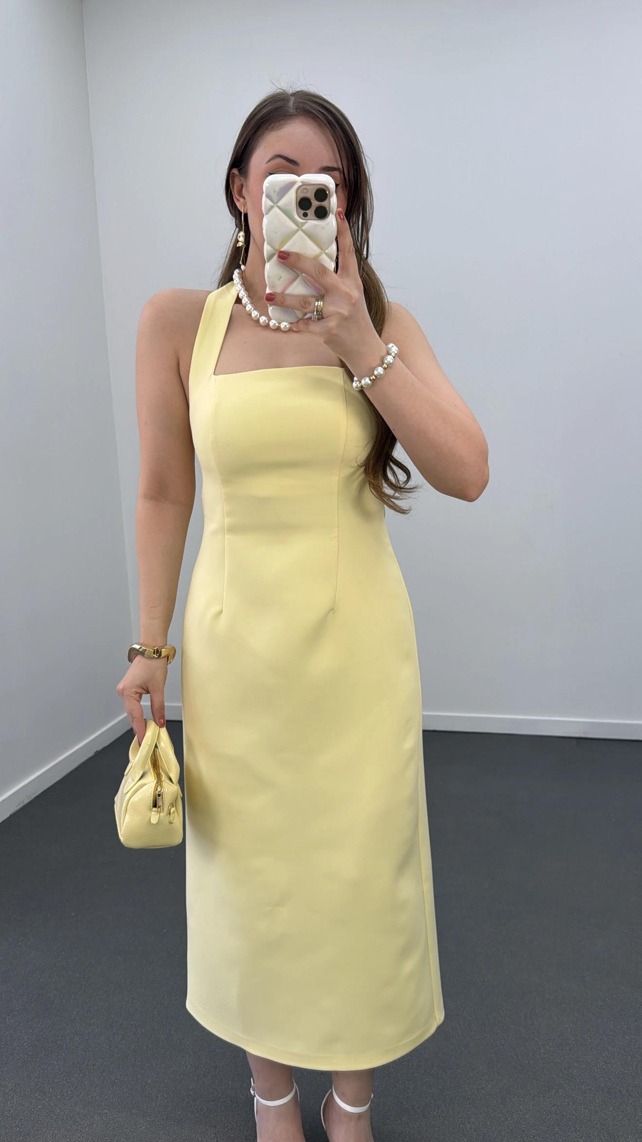 Aurora Sarı Kare Yaka Midi Elbise