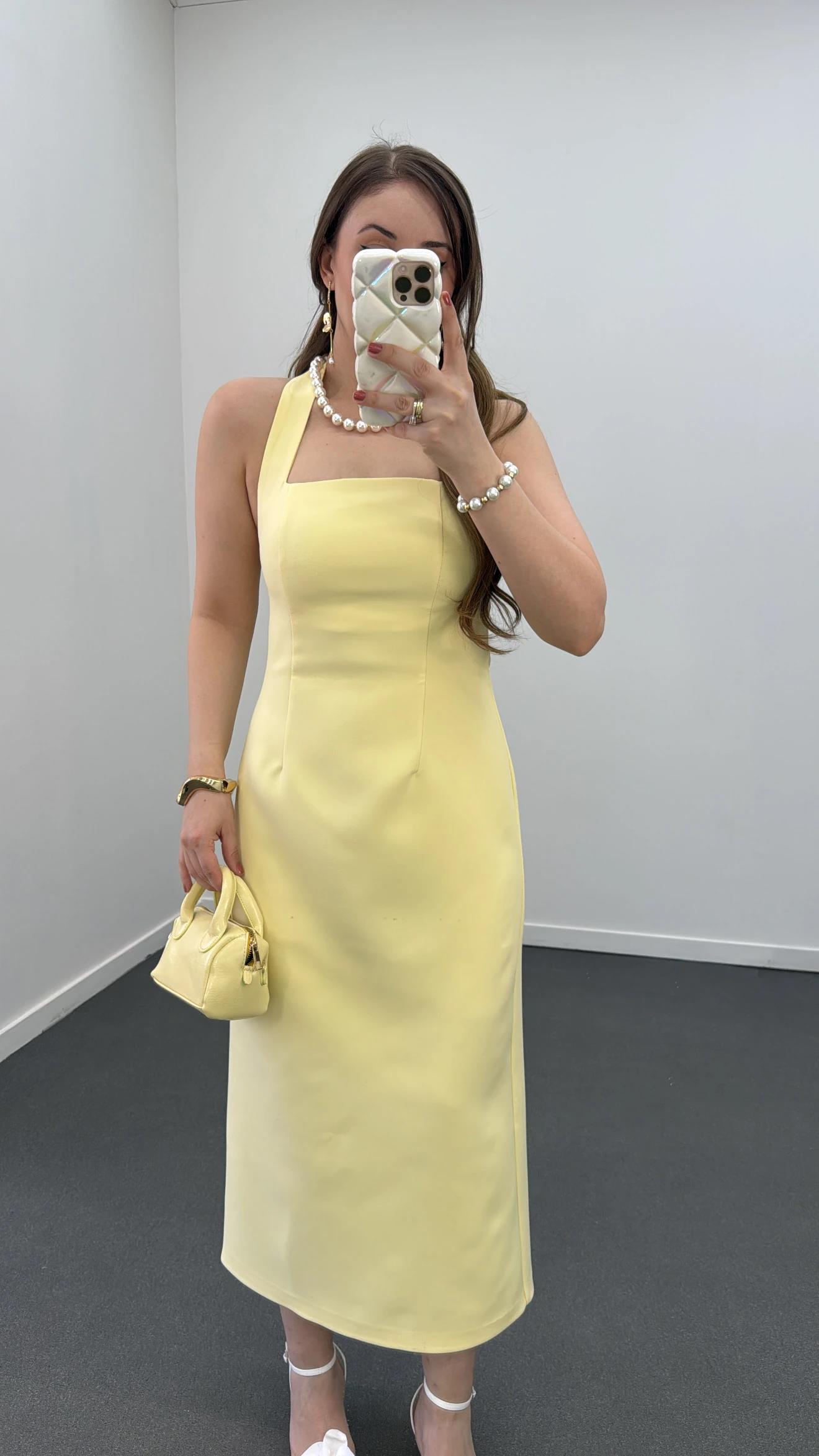 Aurora Sarı Kare Yaka Midi Elbise