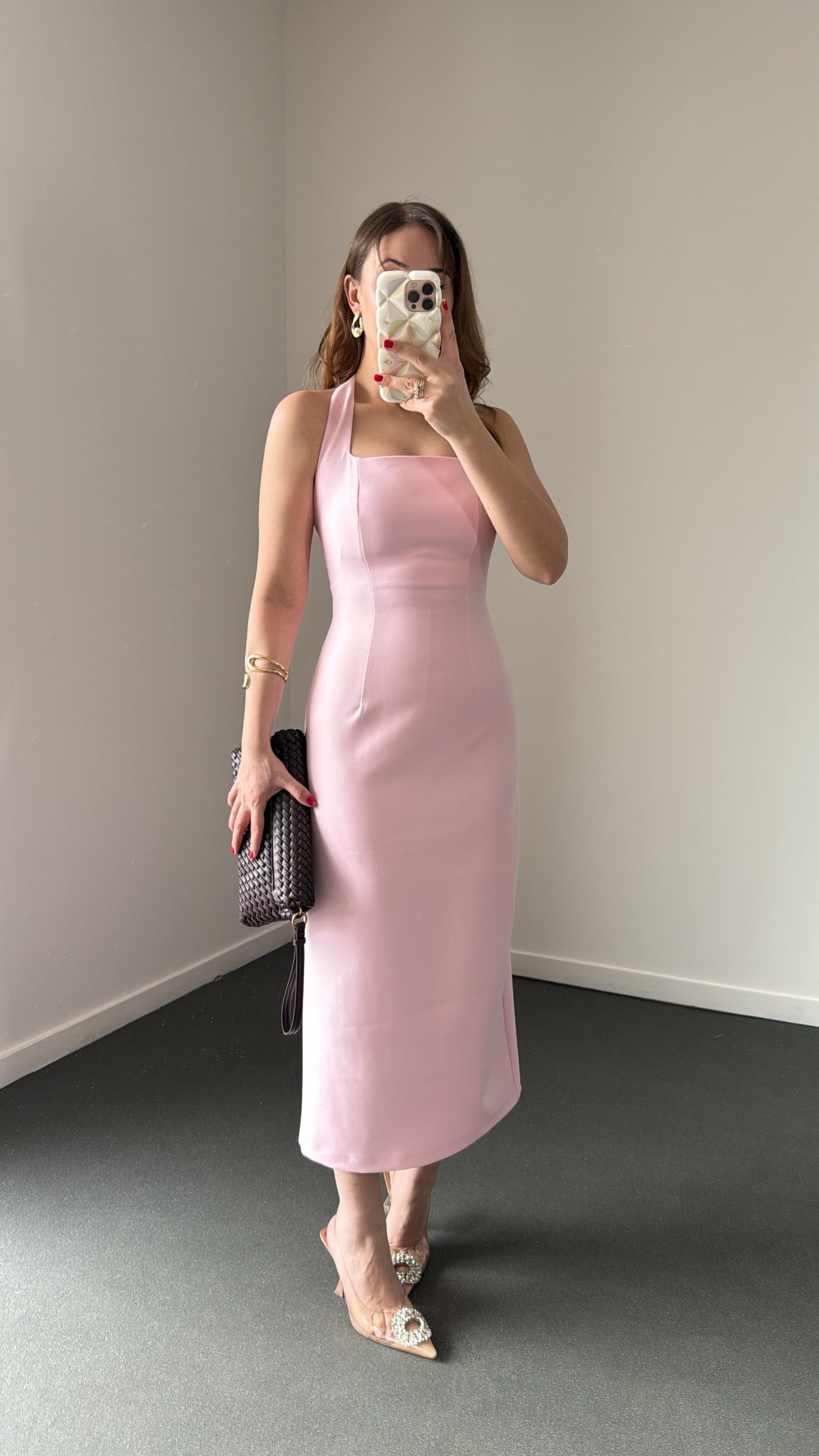 Aurora Toz Pembe Kare Yaka Midi Kalem Elbise