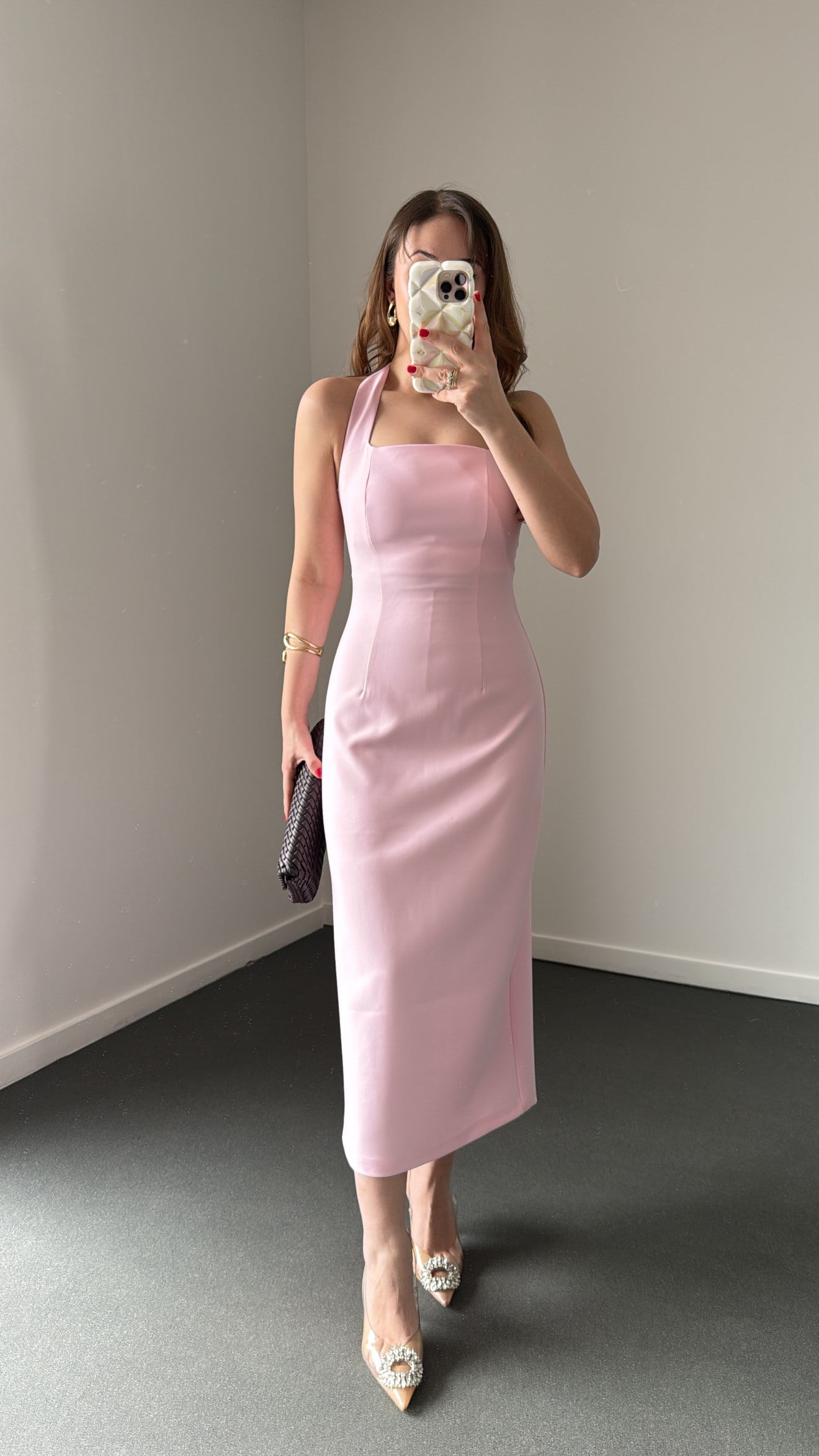 Aurora Toz Pembe Kare Yaka Midi Kalem Elbise