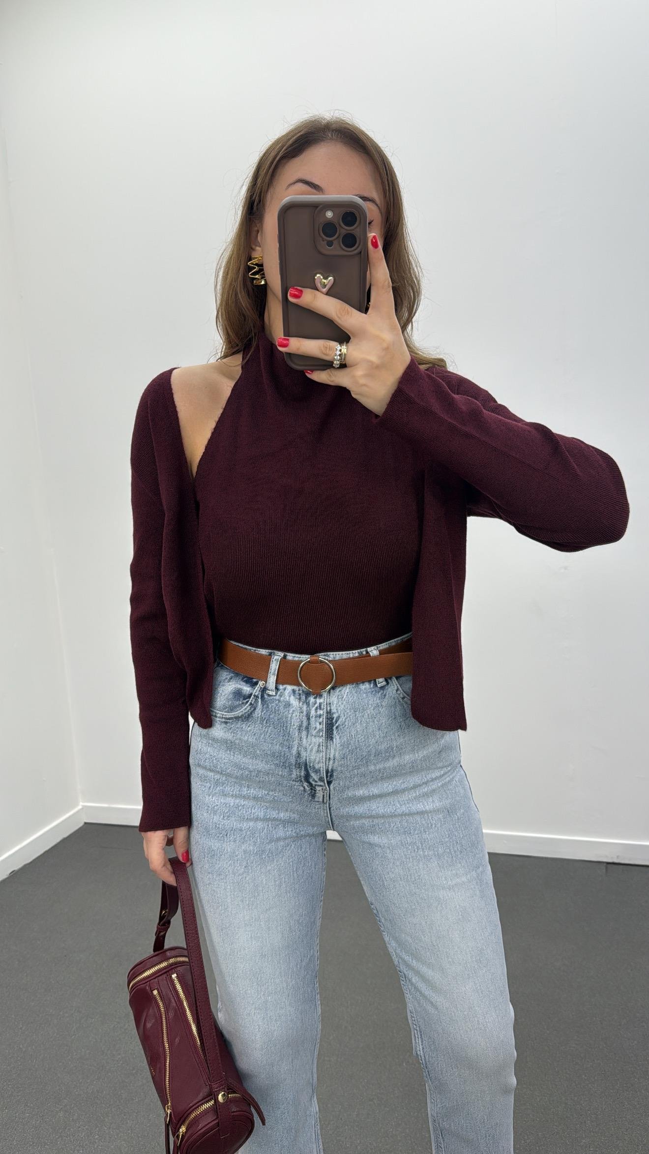 Avery Bordo Balıkçı Hırka Birleşik Dikişli Triko