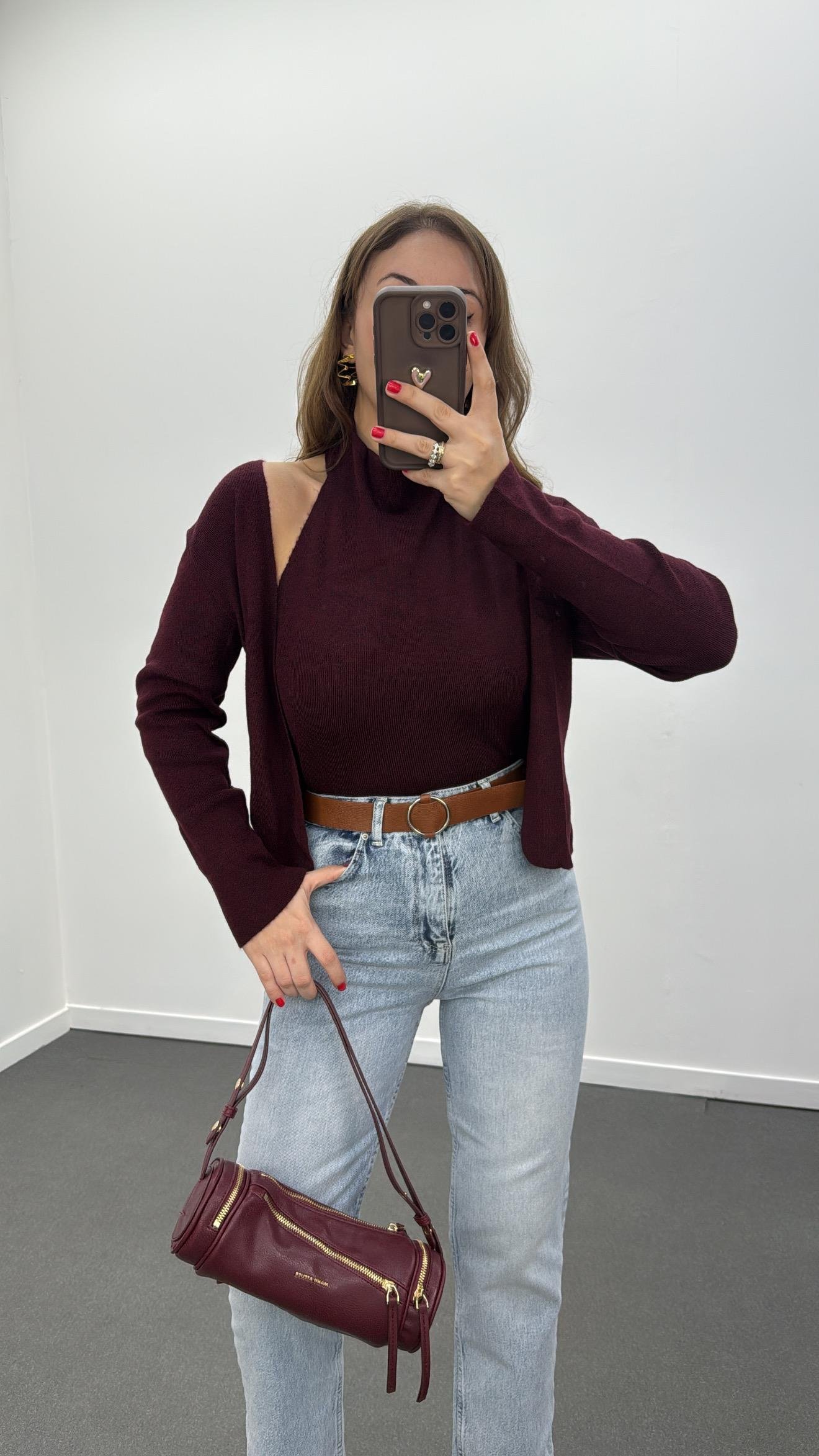 Avery Bordo Balıkçı Hırka Birleşik Dikişli Triko