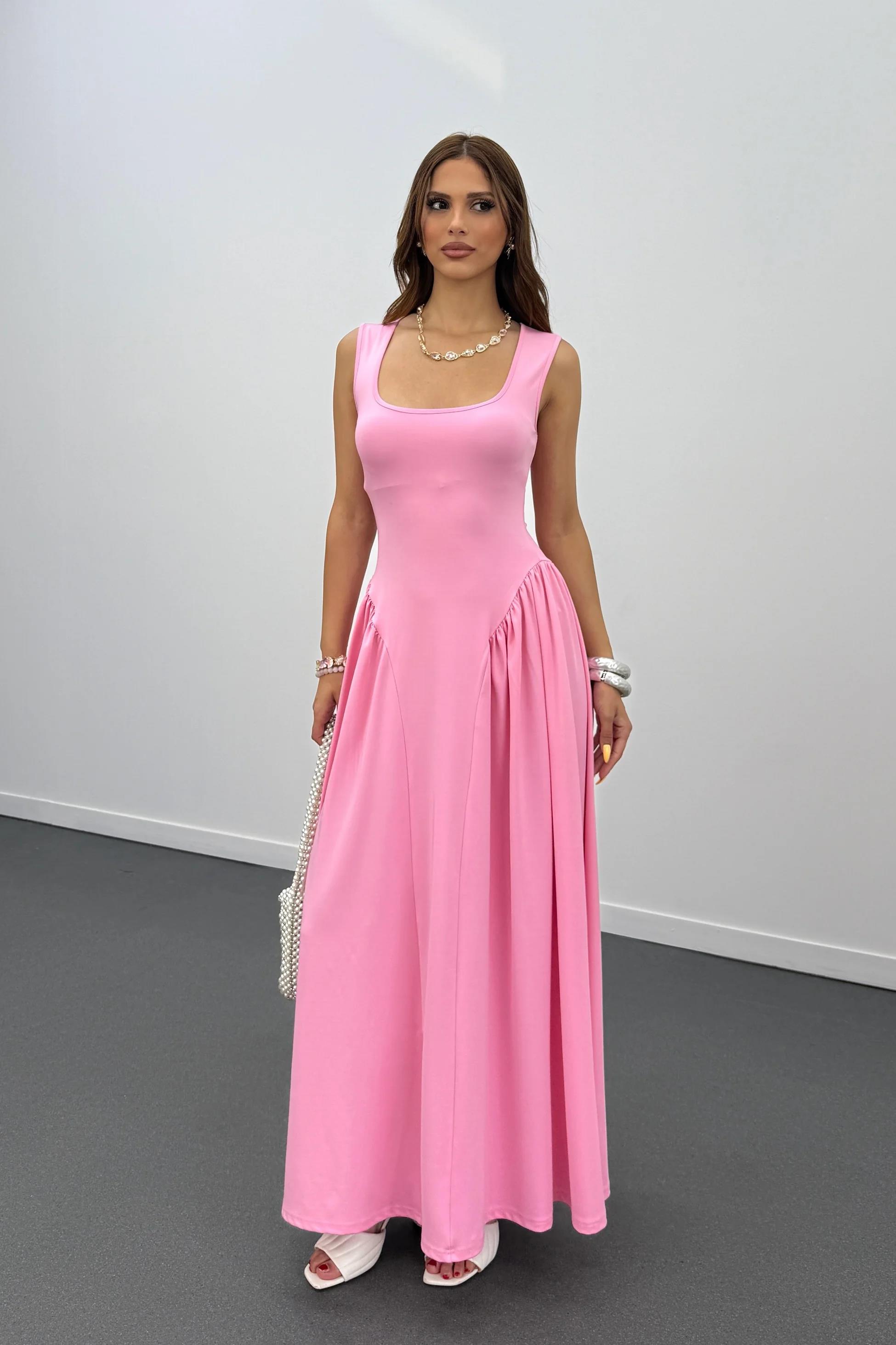 Ayge Pembe Pileli Kalın Askılı Maxi Elbise