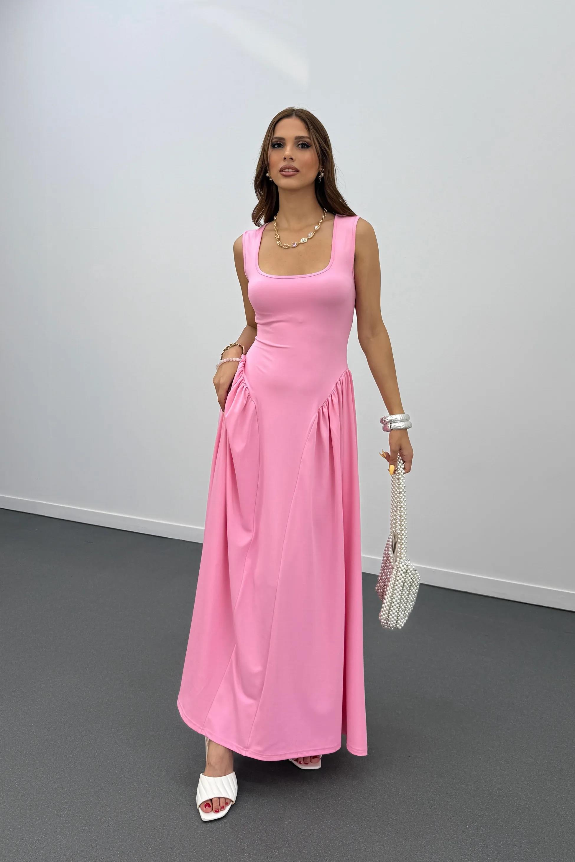 Ayge Pembe Pileli Kalın Askılı Maxi Elbise