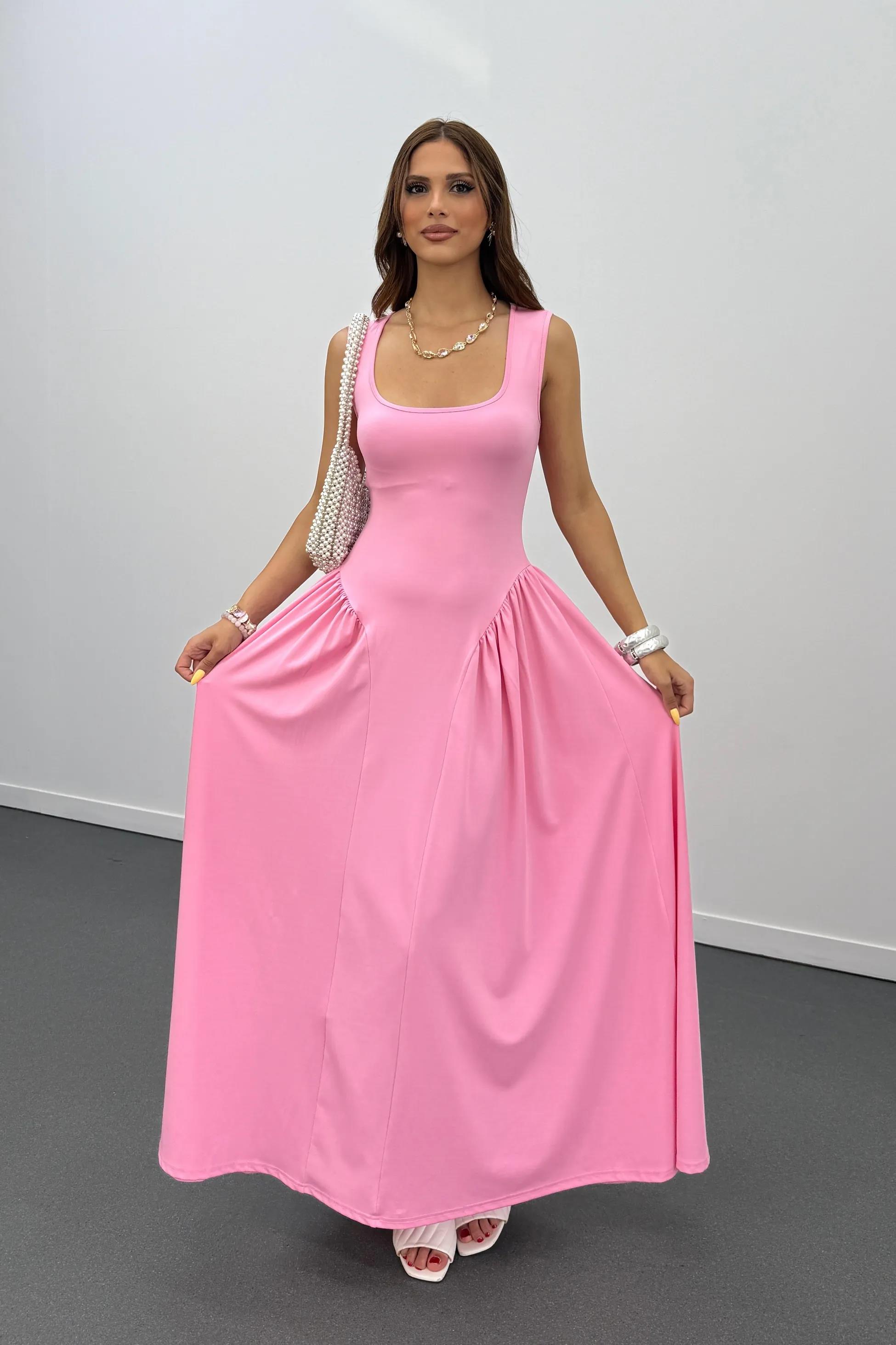 Ayge Pembe Pileli Kalın Askılı Maxi Elbise