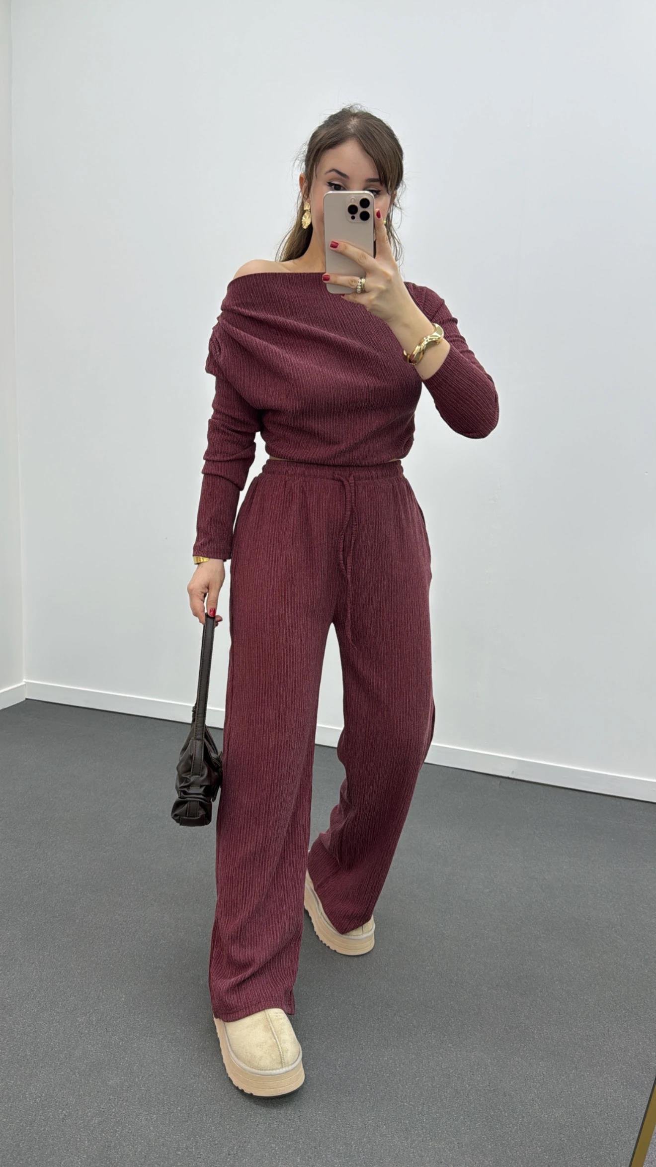 Azerin Bordo Kayık Yaka Bluz ve Pantolon Takımı
