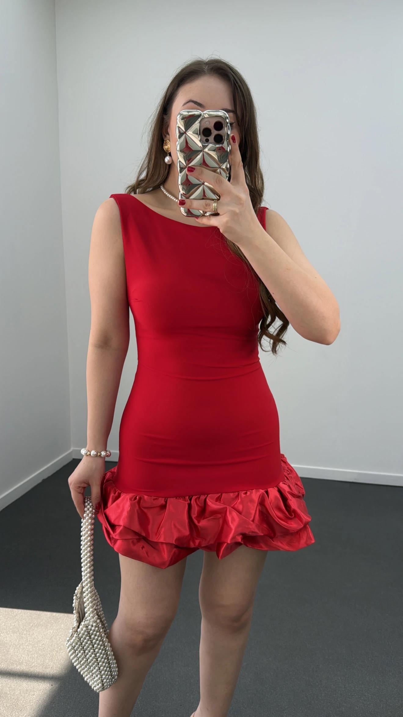 Ballery Kırmızı Saten Fırfırlı Şortlu Mini Elbise